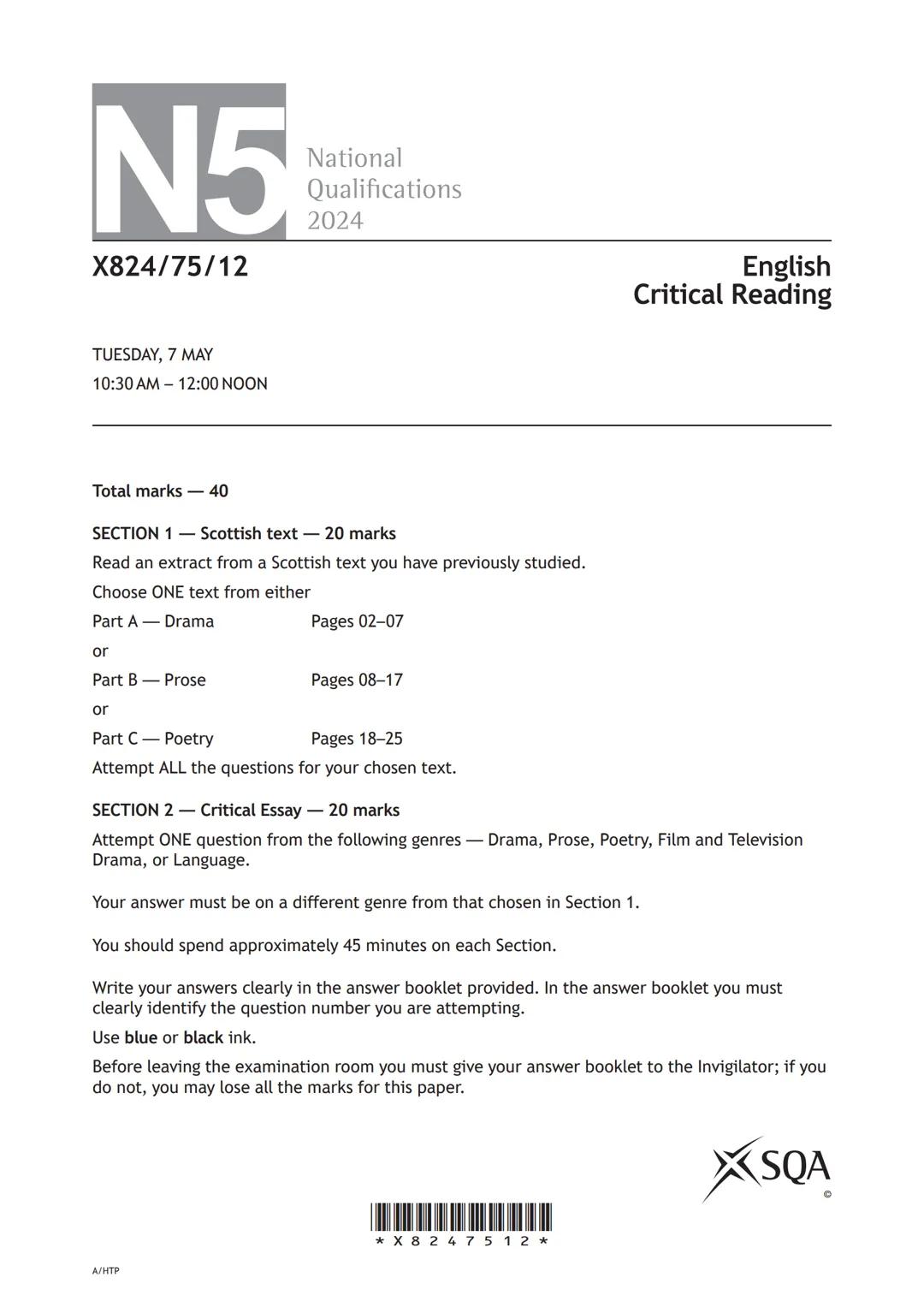 Critical reading 2024 past paper (tallys blood)