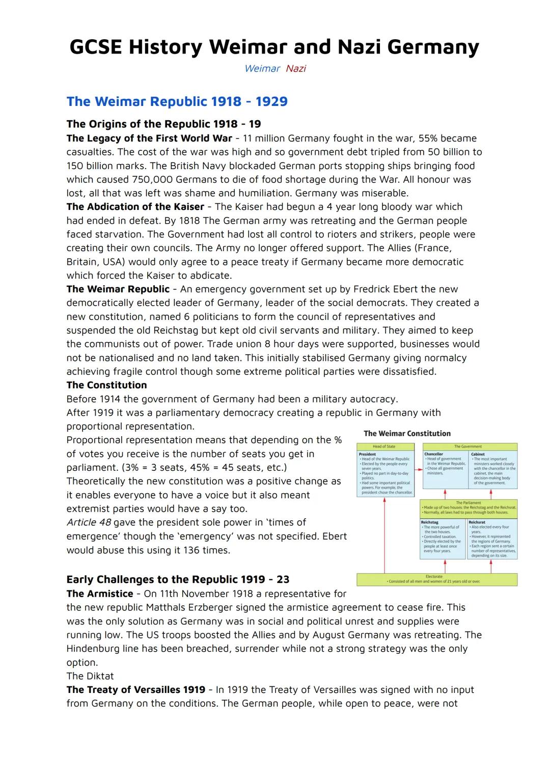 GCSE History Weimar and Nazi Germany
Weimar Nazi
The Weimar Republic 1918 - 1929
The Origins of the Republic 1918 - 19
The Legacy of the Fir