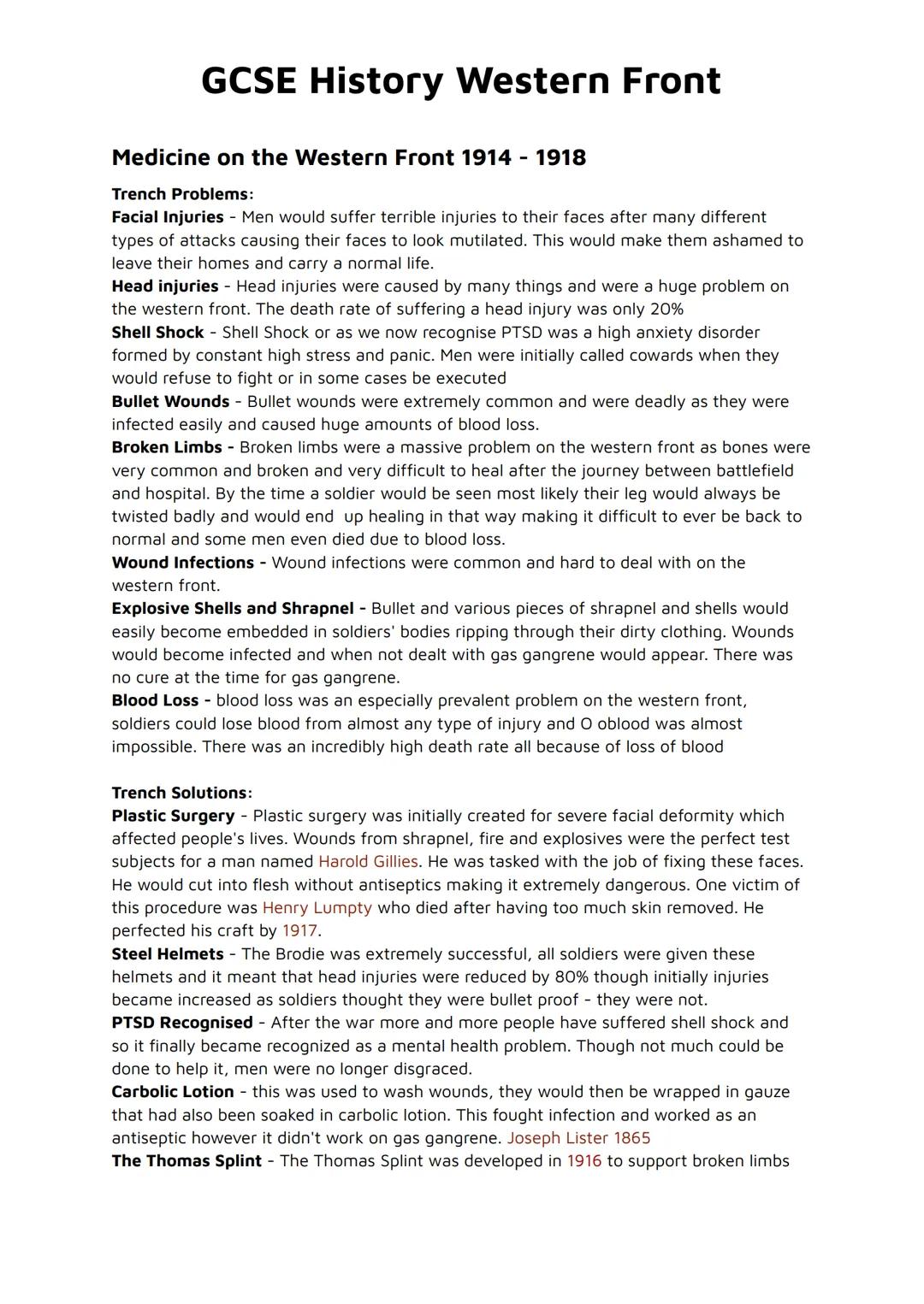 GCSE History Western Front
Medicine on the Western Front 1914-1918
Trench Problems:
Facial Injuries - Men would suffer terrible injuries to