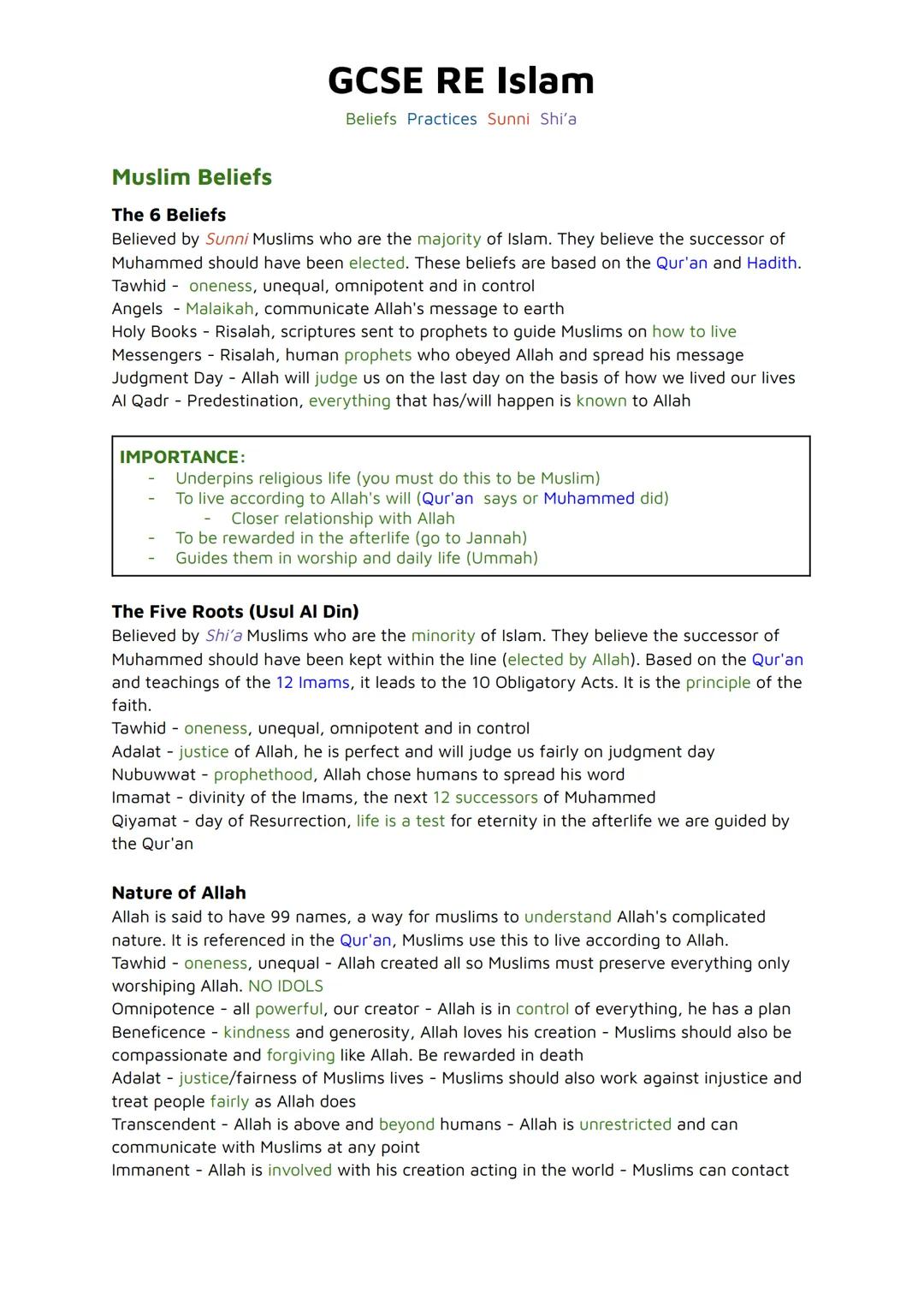 GCSE RE Islam
Beliefs Practices Sunni Shi'a
Muslim Beliefs
The 6 Beliefs
Believed by Sunni Muslims who are the majority of Islam. They belie