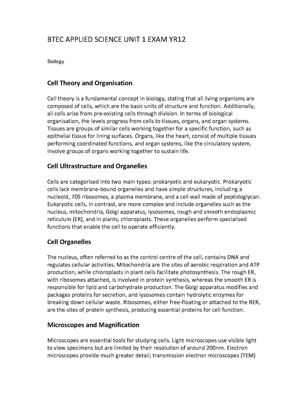 BTEC APPLIED SCIENCE UNIT 1 EXAM TOPICS EXPLAINED