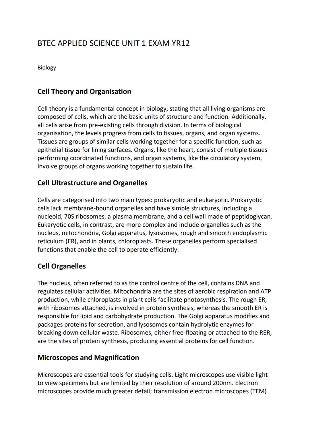 BTEC APPLIED SCIENCE UNIT 1 EXAM YR12
Biology
Cell Theory and Organisation
Cell theory is a fundamental concept in biology, stating that all