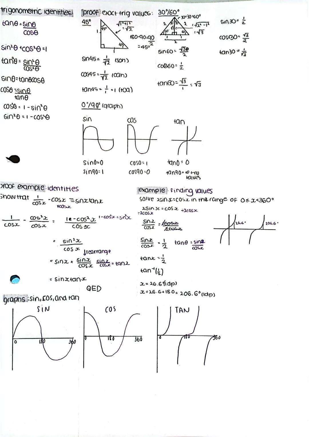 trigonometric identities proof exact trig values: 30%60°
45°
tane-sine
cose
'
√12412
45°
疚
180-90-90
45°
Sin² +Cos²=1
tanesine
COS
Sin45= (s