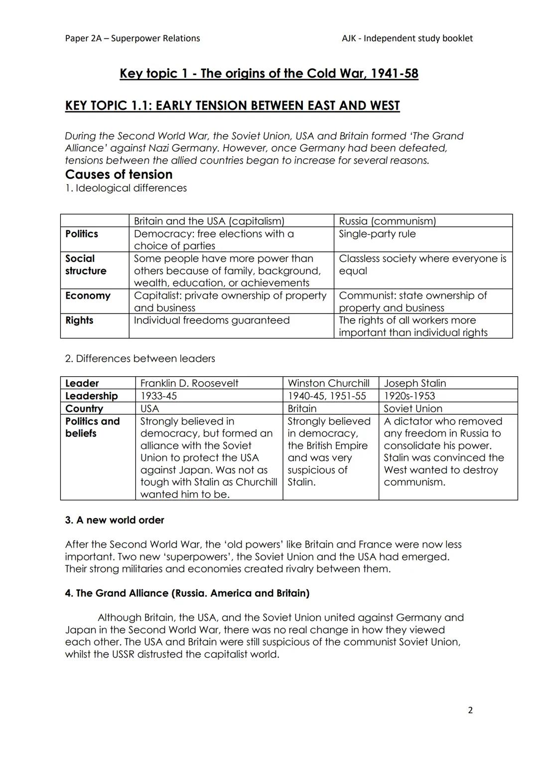 Paper 2A-Superpower Relations
AJK Independent study booklet
Year 11 GCSE History
Paper 2A-Cold War
Information booklet
Soviet Union Stalin
K