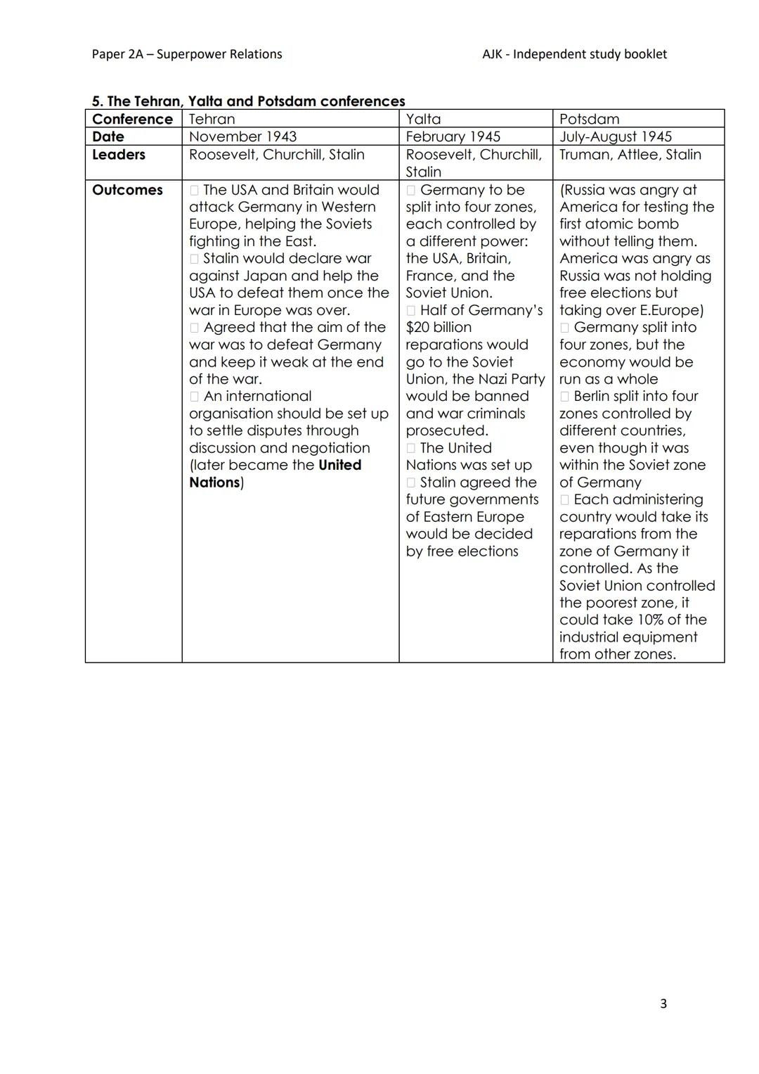Paper 2A-Superpower Relations
AJK Independent study booklet
Year 11 GCSE History
Paper 2A-Cold War
Information booklet
Soviet Union Stalin
K