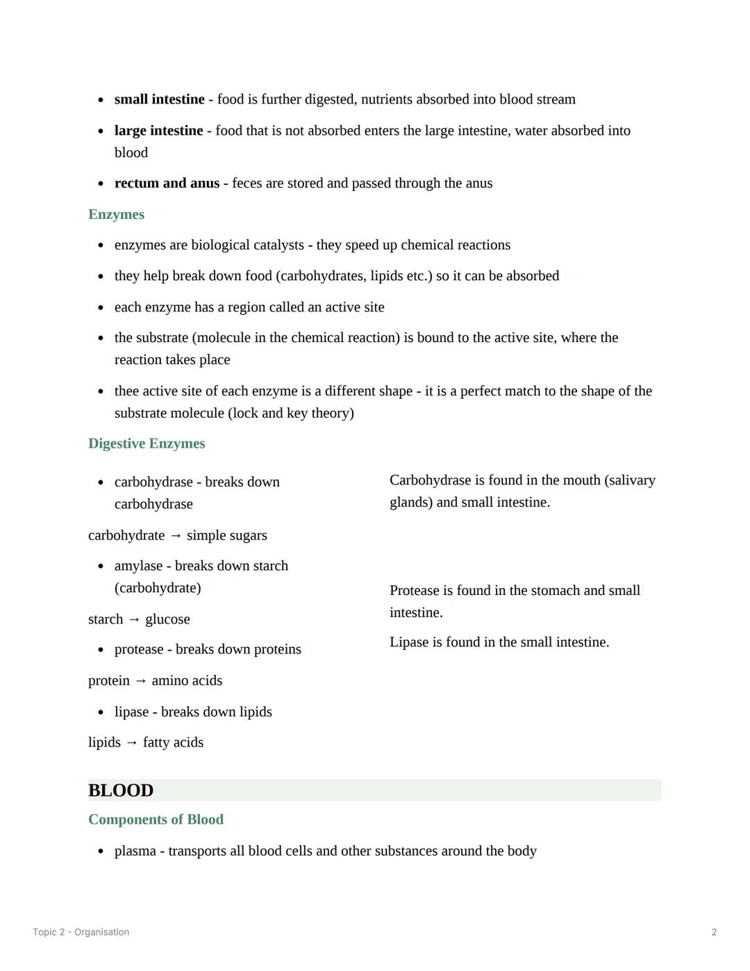Topic 2 - Organisation
PRINCIPLES OF ORGANISATION
⚫ cells are the basic building blocks of all living organisms
•
a tissue is a group of cel