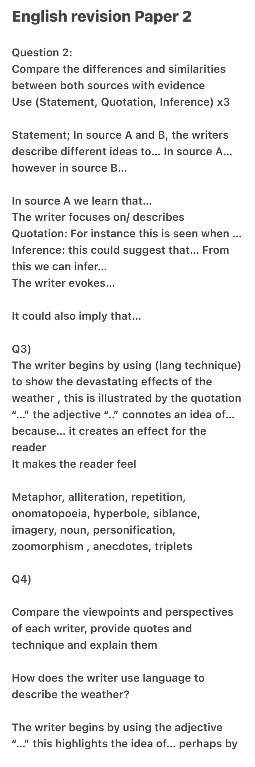 # English revision Paper 2
Question 2:
Compare the differences and similarities
between both sources with evidence
Use (Statement, Quotatio