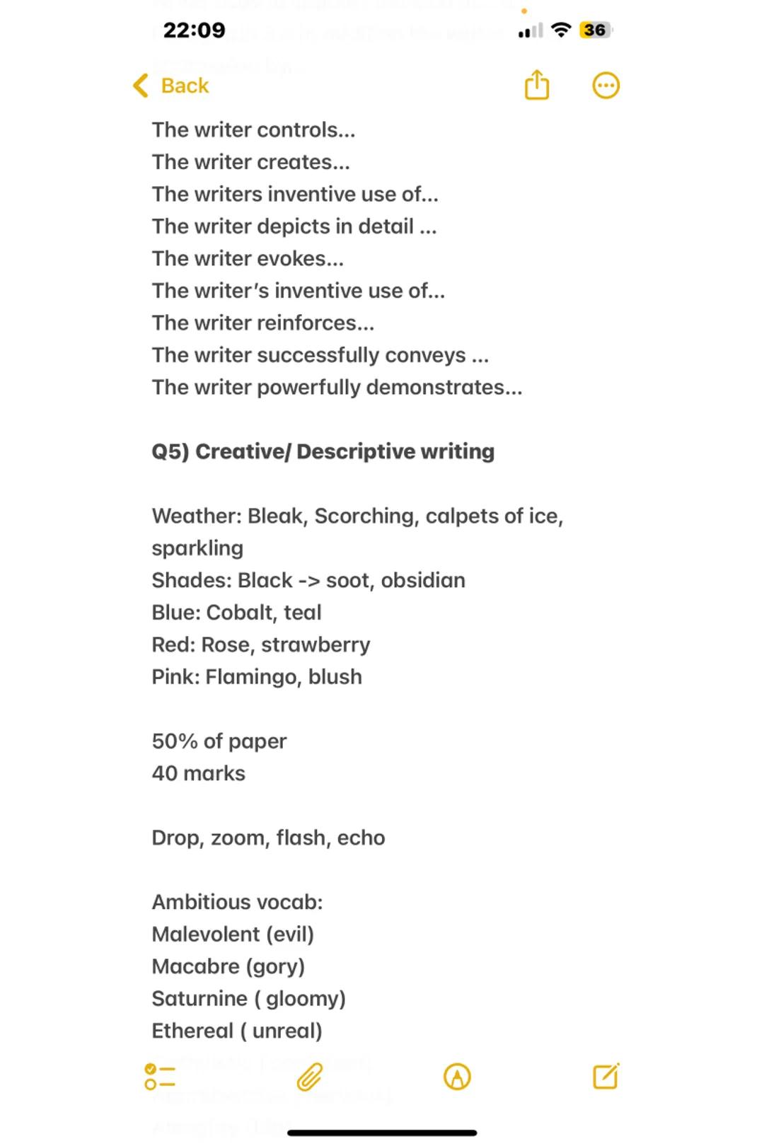 --- OCR Start ---
22:09
< Back
English lang paper 1
Point, Evidence, Analysis, Development
3-4 best quotes, relevant to the lines asked
2