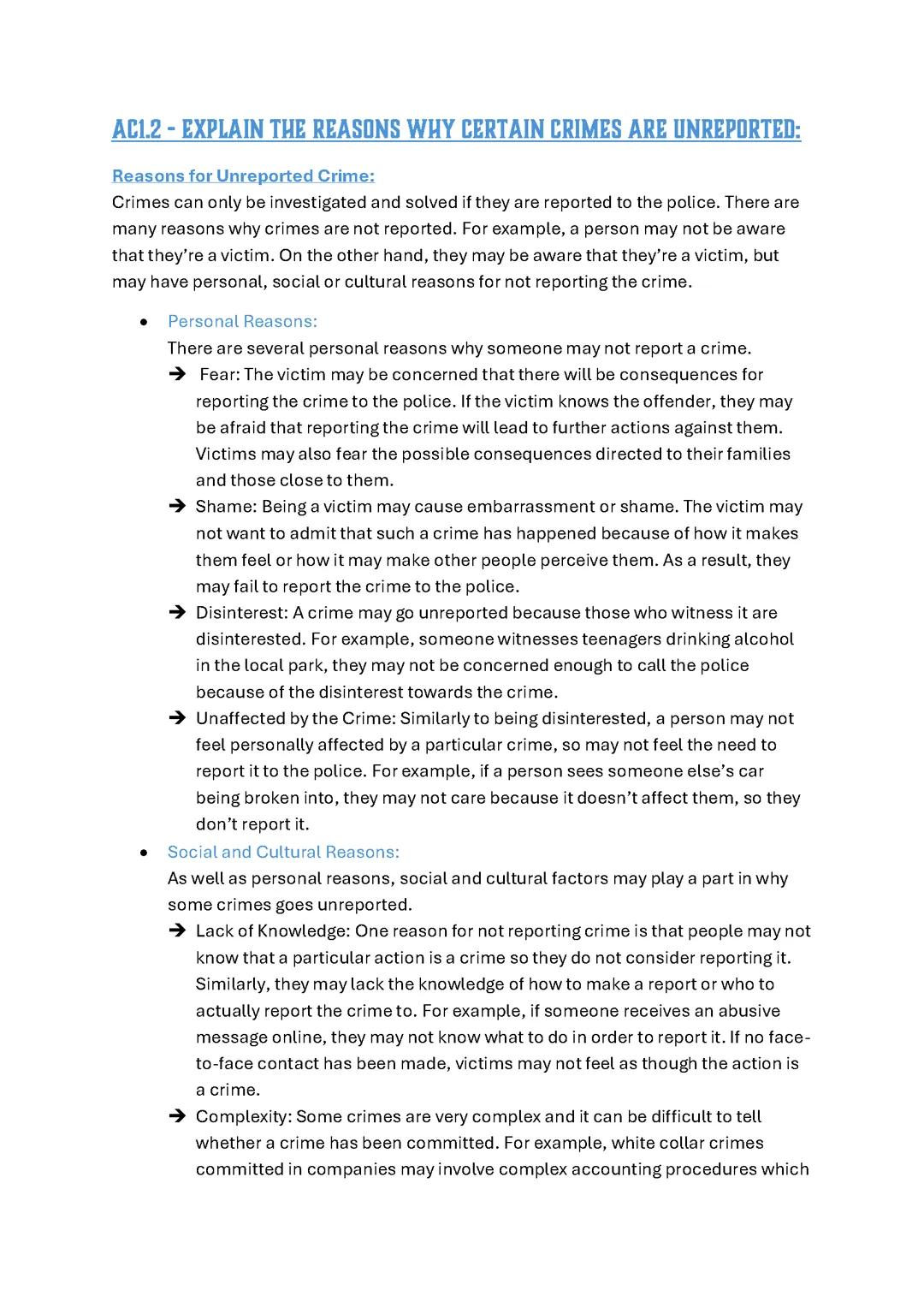 Unit One - AC1.2 - Explain the Reasons Why Certain Crimes are Unreported
