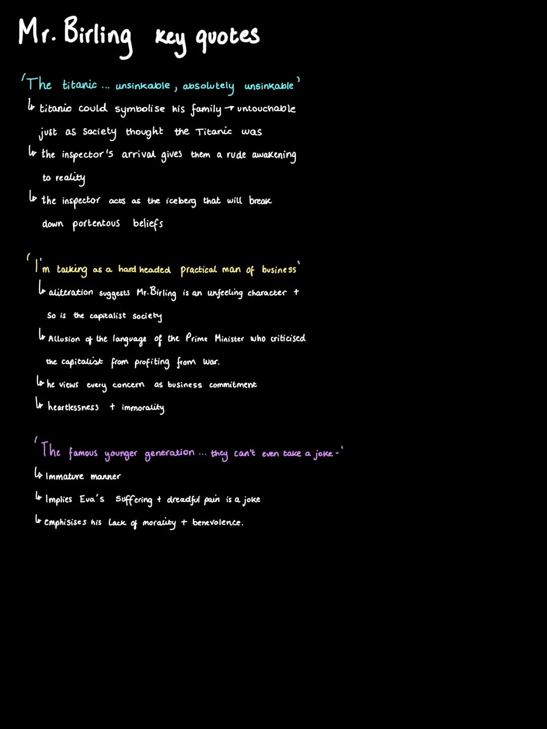 # Inspector Goole key quotes Pt. 2
'They will be taught in fire, blood + anguish)
Lo These are his final words + a semantic field of viole