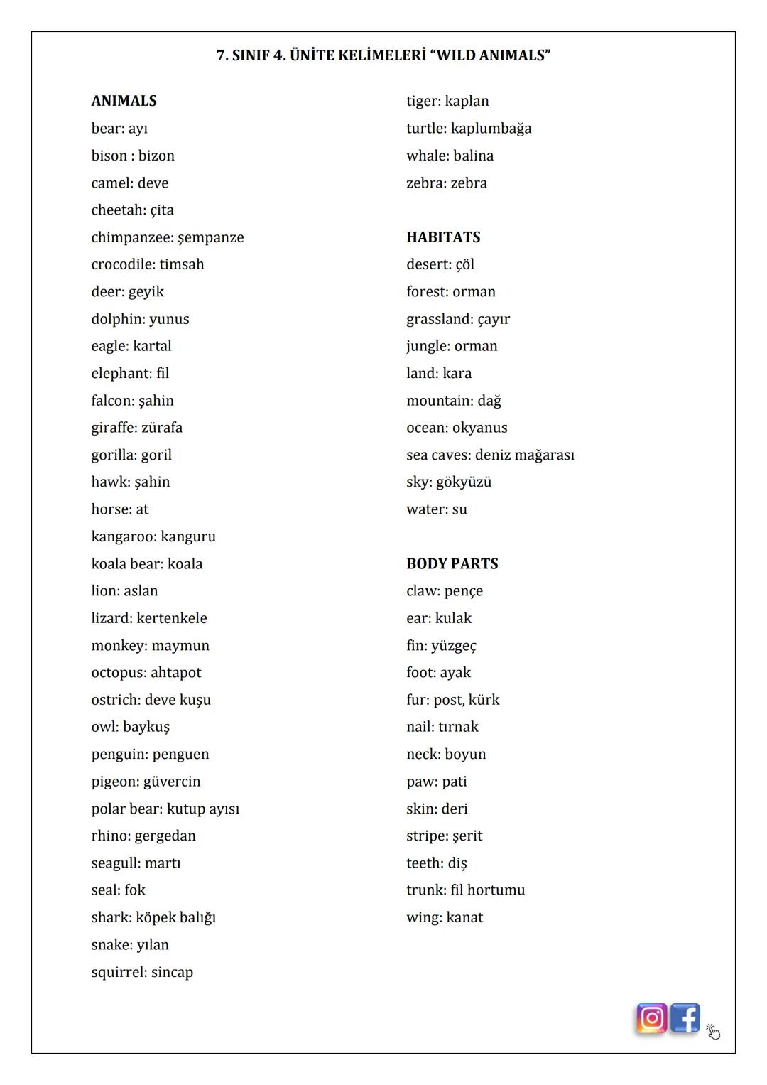 7. SINIF 4. ÜNİTE KELİMELERİ "WILD ANIMALS"
ANIMALS
tiger: kaplan
bear: ayı
turtle: kaplumbağa
bison: bizon
whale: balina
camel: deve
zebra