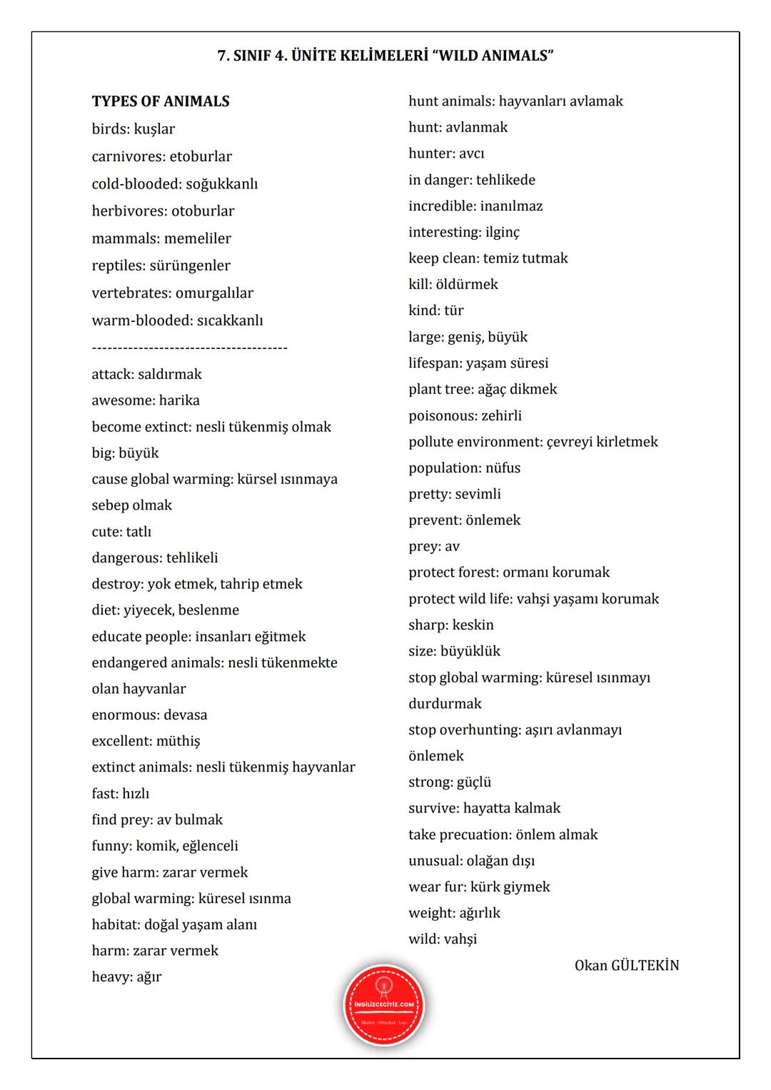 7. SINIF 4. ÜNİTE KELİMELERİ "WILD ANIMALS"
ANIMALS
tiger: kaplan
bear: ayı
turtle: kaplumbağa
bison: bizon
whale: balina
camel: deve
zebra