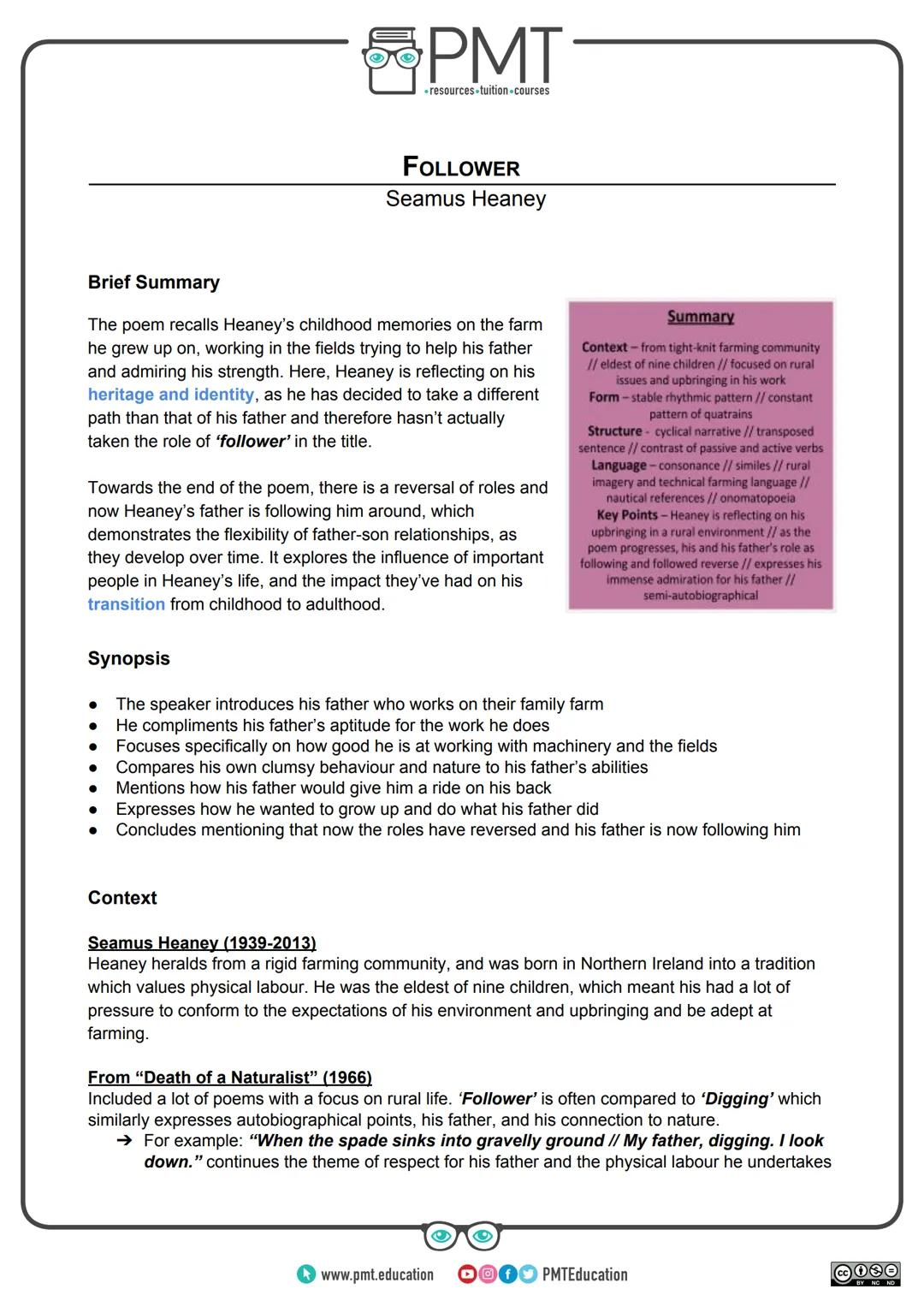 PMT
-resources-tuition-courses
# AQA English GCSE
## Poetry: Love & Relationships
Follower - Seamus Heaney
This work by PMT Education is
