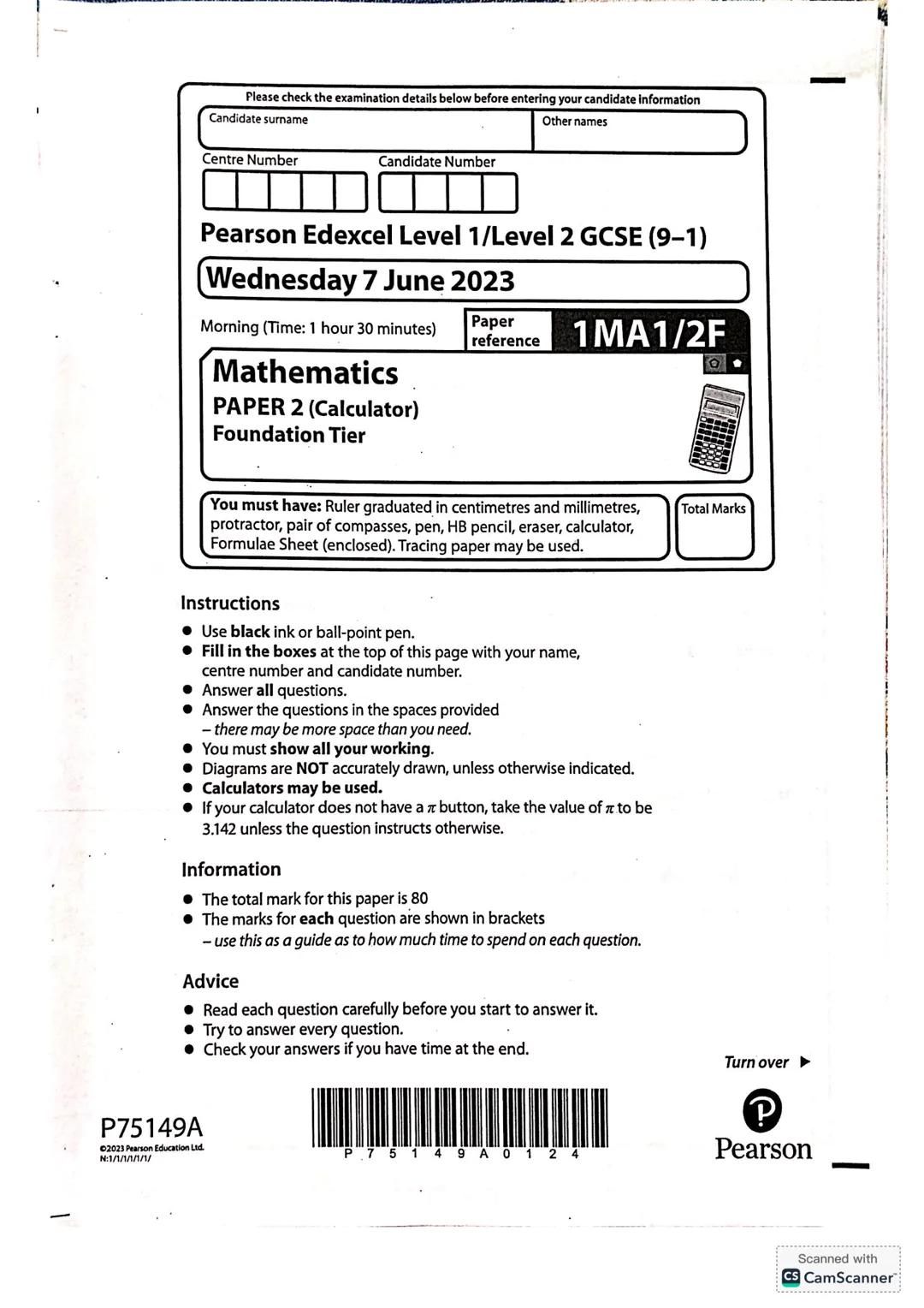 Edexel Foundation Mathematics (calculator paper)