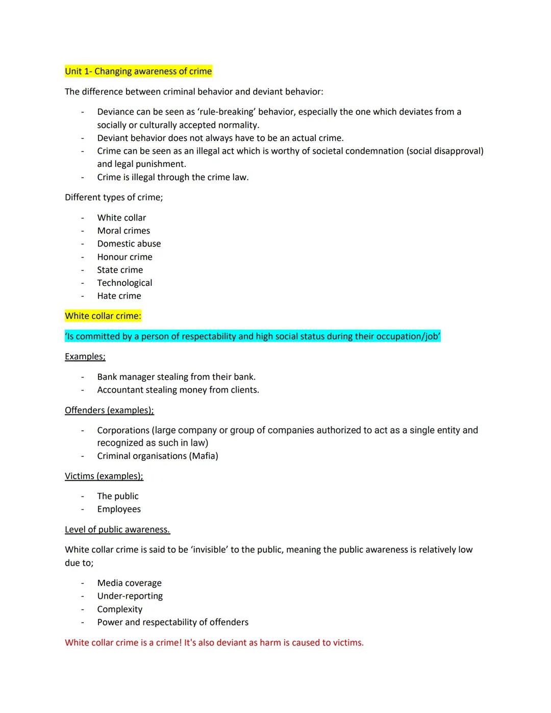 Unit 1- Changing awareness of crime
The difference between criminal behavior and deviant behavior:
- Deviance can be seen as 'rule-breaking'