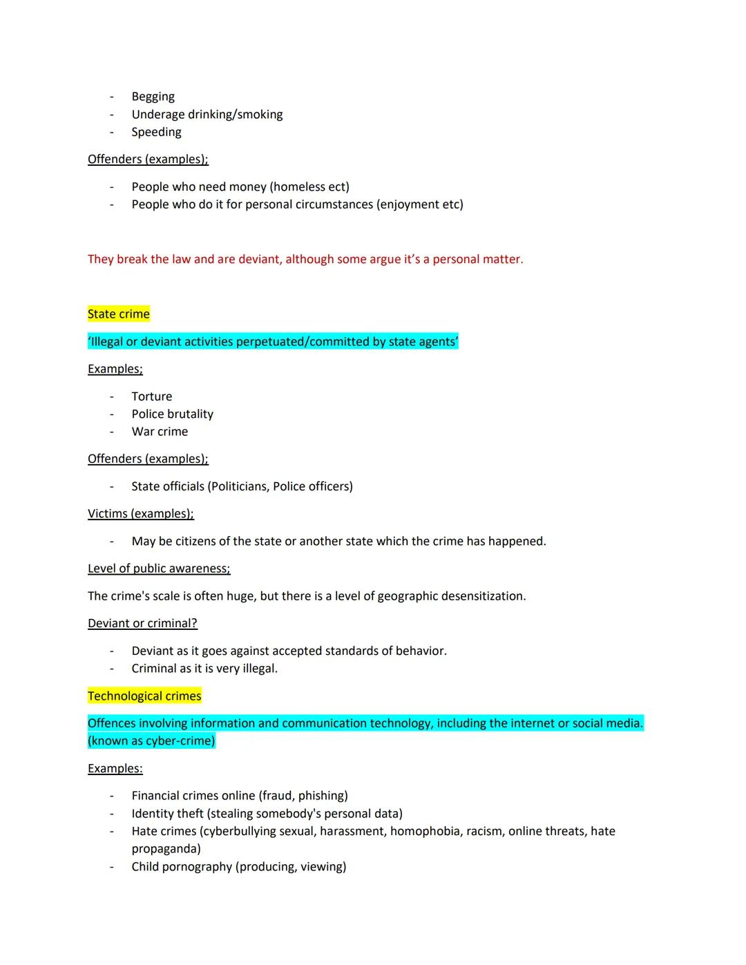 Unit 1- Changing awareness of crime
The difference between criminal behavior and deviant behavior:
- Deviance can be seen as 'rule-breaking'