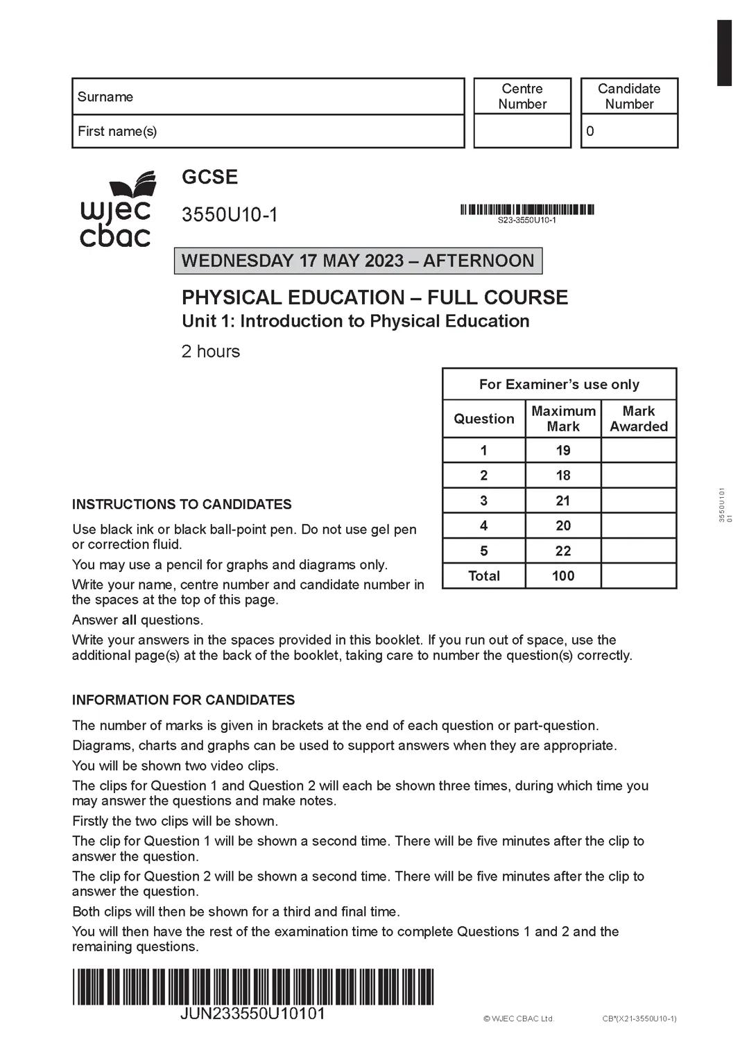 WJEC PE 2023 PAST PAPER QUESTIONS