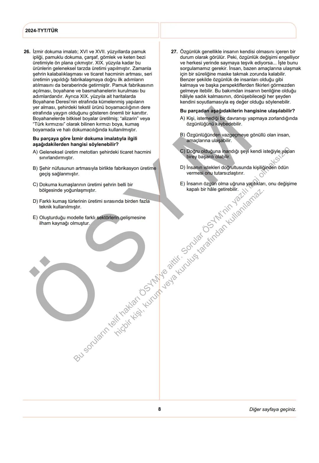 ÖSYM
T.C. Ölçme, Seçme ve Yerleştirme Merkezi
YÜKSEKÖĞRETİM KURUMLARI SINAVI
TEMEL YETERLİLİK TESTİ
(2024-TYT)
8 HAZİRAN 2024 CUMARTESİ