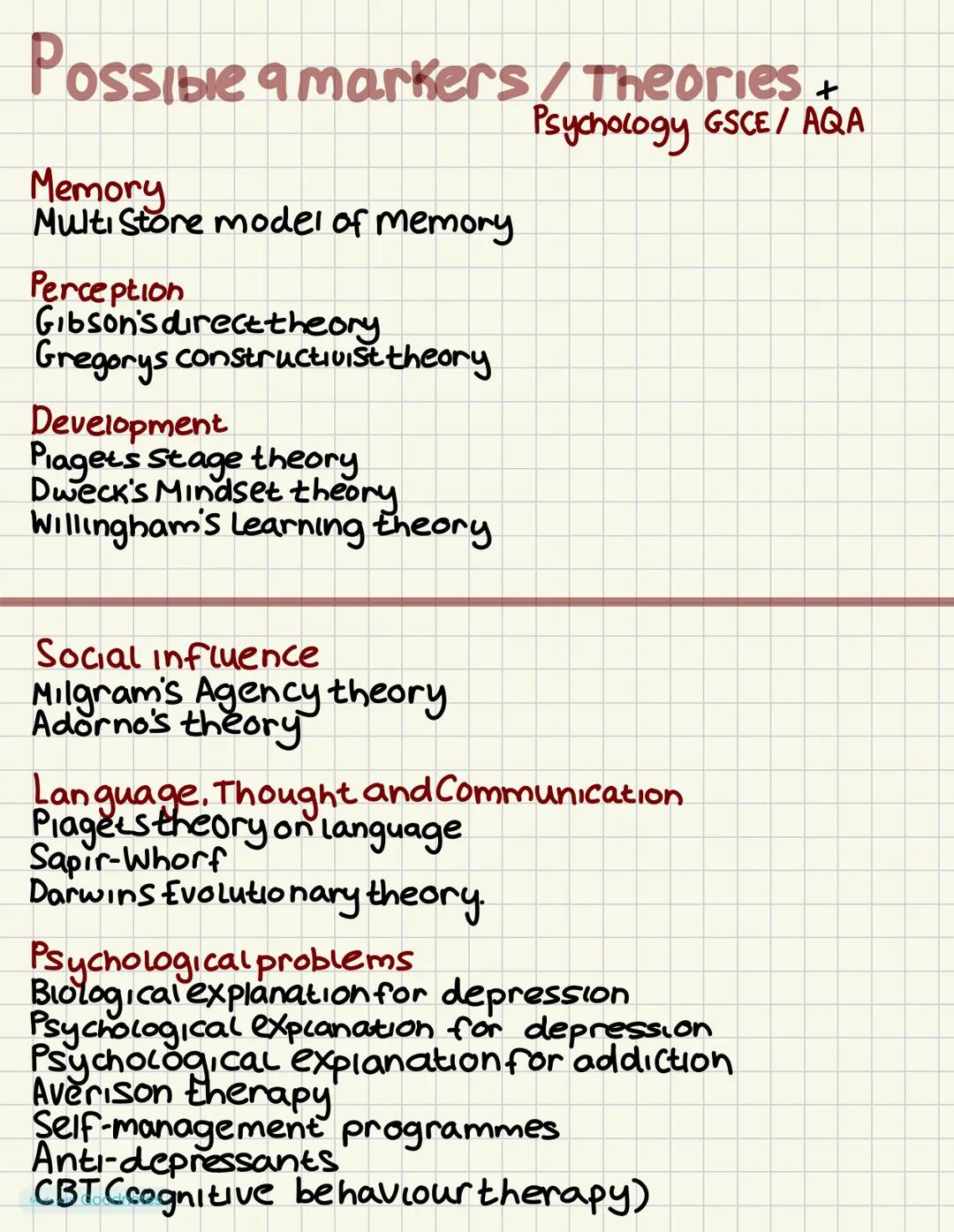 --- OCR Start ---
Possible a markers/Studies
Memory
Bartlett's War of the Ghosts
Murdock's Serial position Curve
Perception
Psychology CCSE/