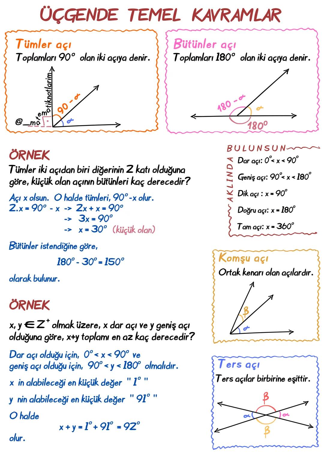 # ÜÇGENDE TEMEL KAVRAMLAR
Tümler açı
Toplamları 90° olan iki açıya denir.
ema 90-
@_ma
ÖRNEK
Bütünler açı
Toplamları 180° olan iki açıya