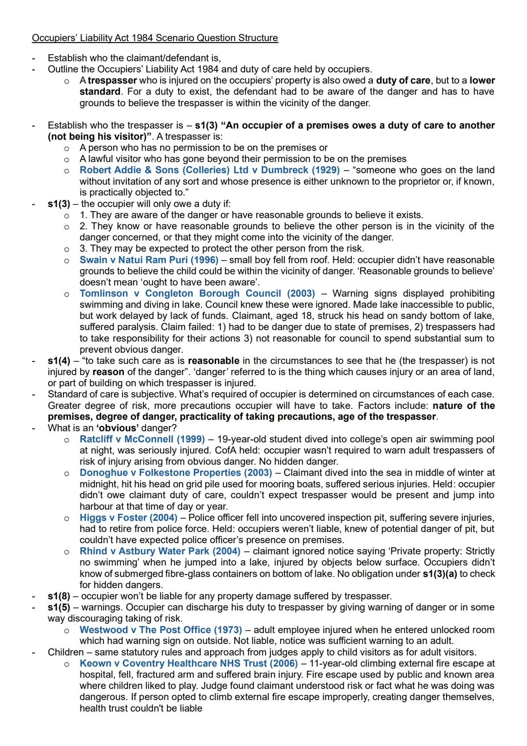 --- OCR Start ---
Occupiers' Liability Act 1984 Scenario Question Structure
Establish who the claimant/defendant is,
Outline the Occupiers'