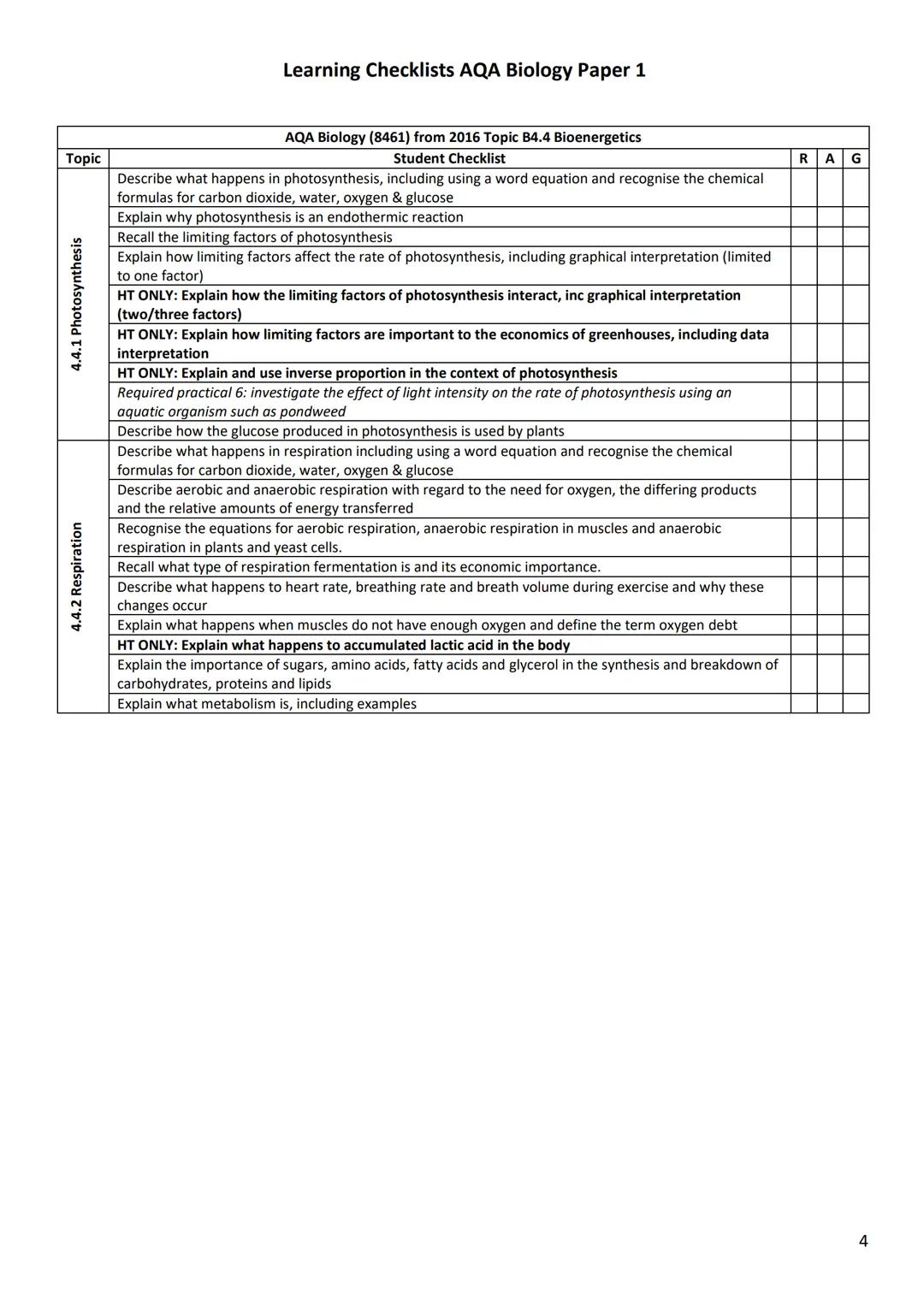# Learning Checklists AQA Biology Paper 1
# AQA Biology (8461) from 2016 Topic B4.1 Cell biology
| Topic | Student Checklist | R | A | G |