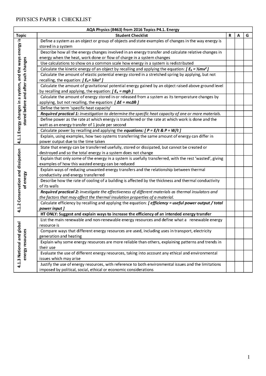 GCSE AQA Physics Paper 1 Topics Checklist