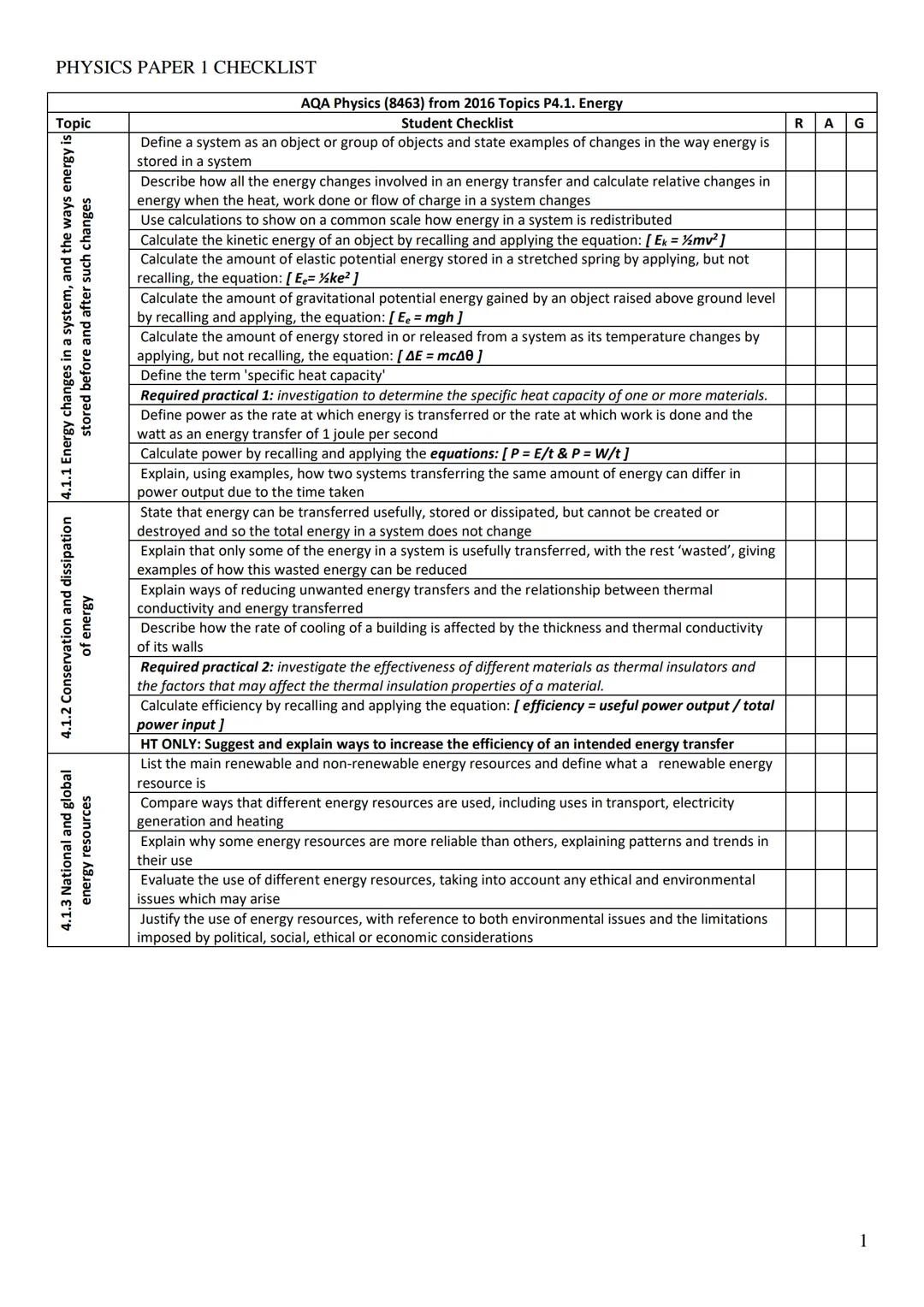 # PHYSICS PAPER 1 CHECKLIST
AQA Physics (8463) from 2016 Topics P4.1. Energy
| Topic | Student Checklist | R | A | G |
|---|---|---|---|--