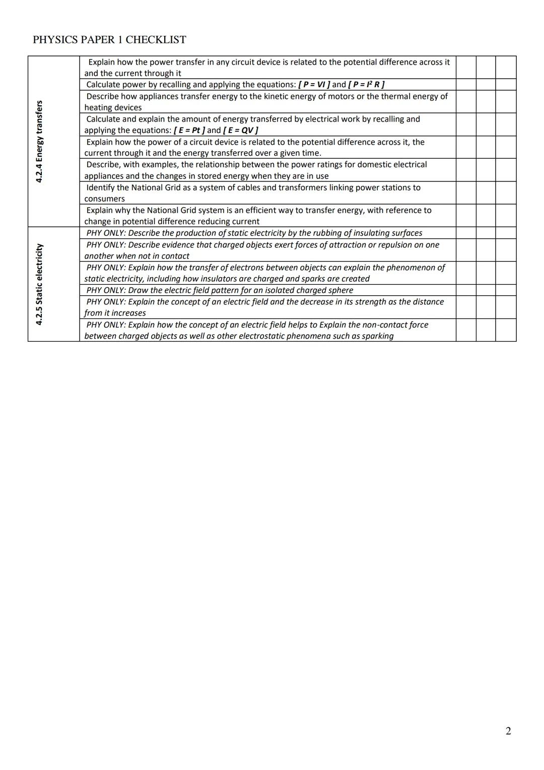 # PHYSICS PAPER 1 CHECKLIST
AQA Physics (8463) from 2016 Topics P4.1. Energy
| Topic | Student Checklist | R | A | G |
|---|---|---|---|--