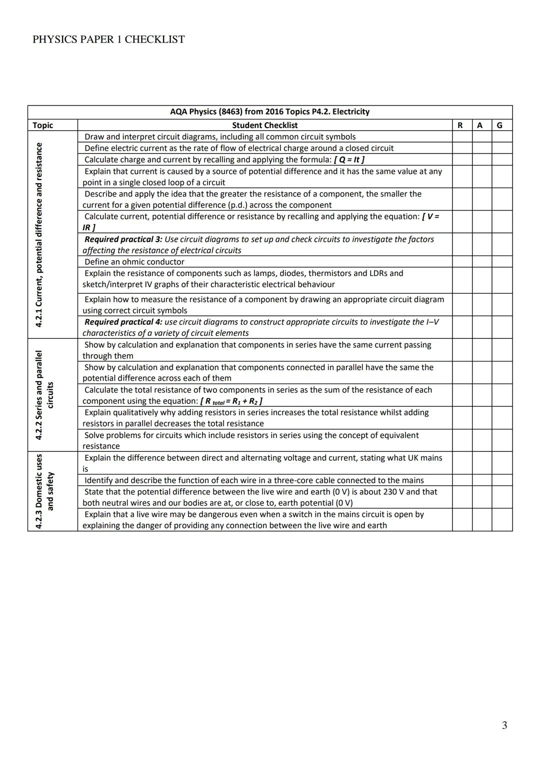 # PHYSICS PAPER 1 CHECKLIST
AQA Physics (8463) from 2016 Topics P4.1. Energy
| Topic | Student Checklist | R | A | G |
|---|---|---|---|--