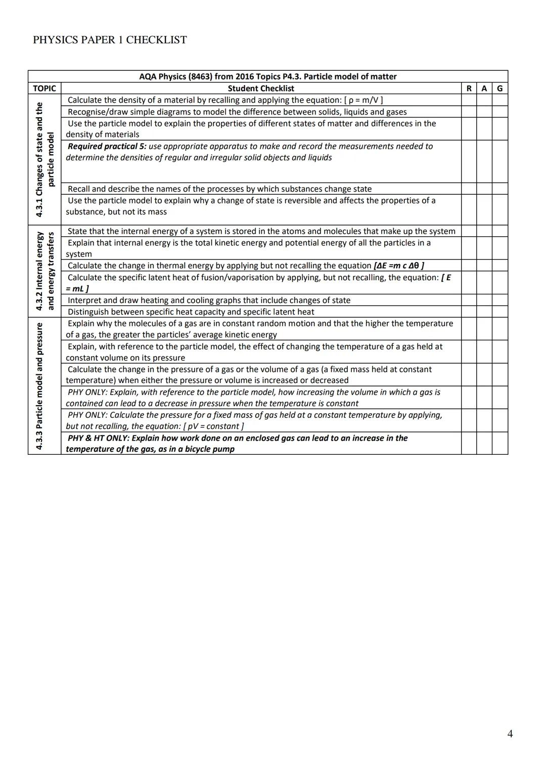 # PHYSICS PAPER 1 CHECKLIST
AQA Physics (8463) from 2016 Topics P4.1. Energy
| Topic | Student Checklist | R | A | G |
|---|---|---|---|--