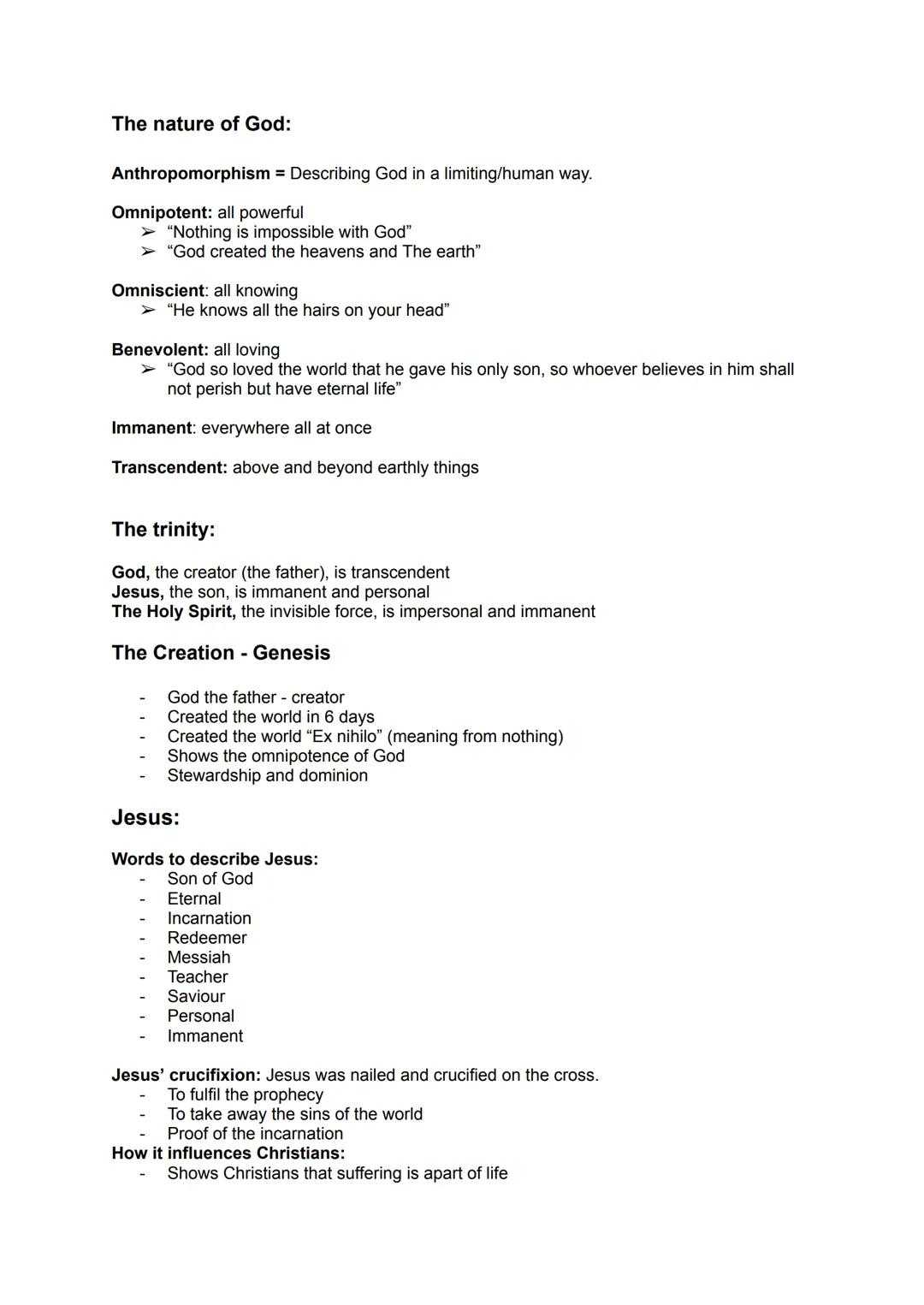 The nature of God:
Anthropomorphism = Describing God in a limiting/human way.
Omnipotent: all powerful
➤ "Nothing is impossible with God"