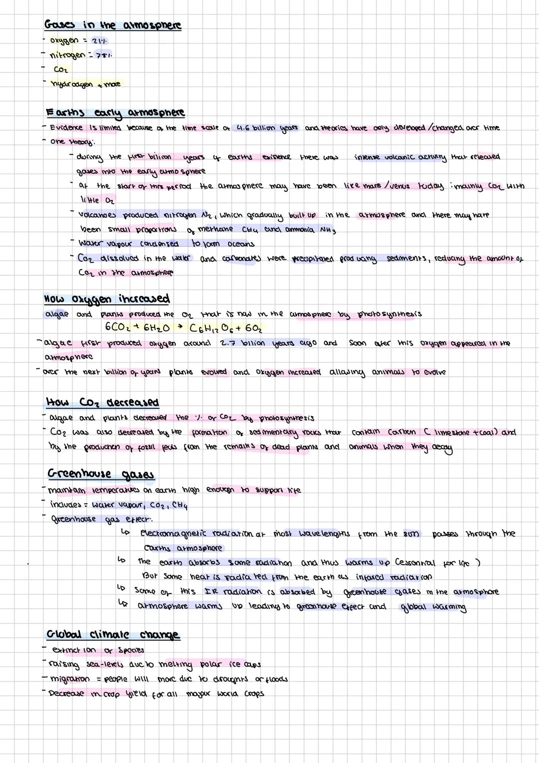 --- OCR Start ---
Gases in the atmosphere
Oxygen = 21%-
nitrogen: 78%
$CO_{2}$
hydrodyen + more
Earths early atmosphere
Evidence is limited
