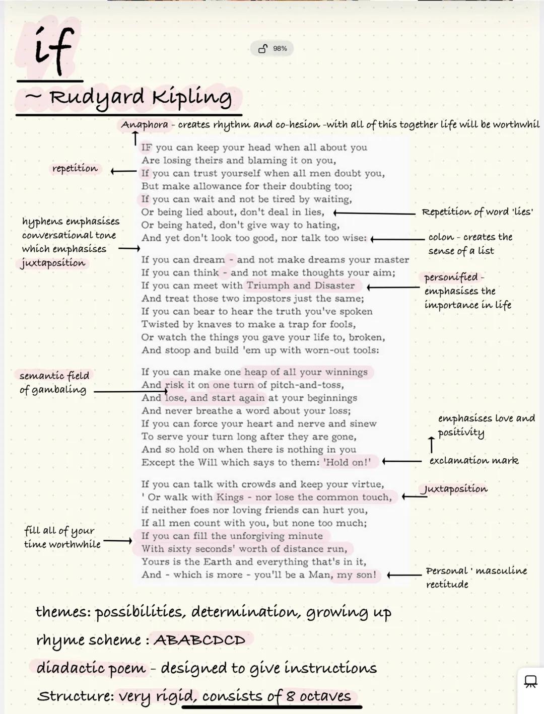 --- OCR Start ---
if
~ Rudyard Kipling
repetition
98%
Anaphora - creates rhythm and co-hesion with all of this together life will be worthwh