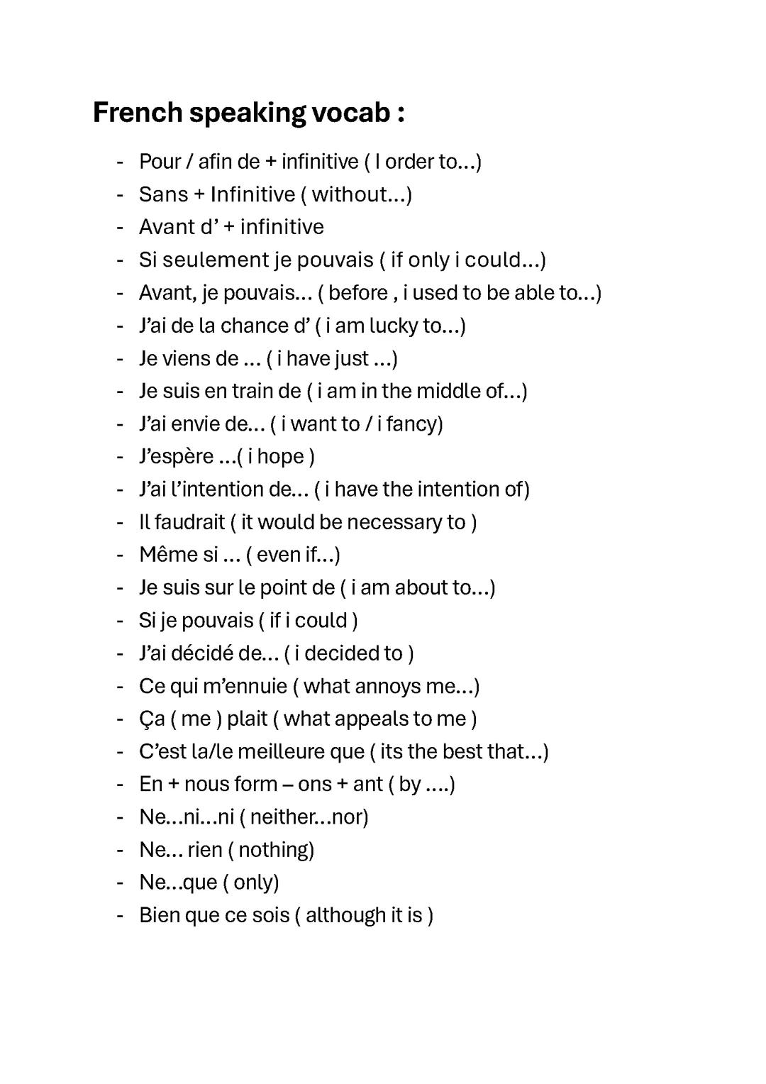 French speaking / writing grade 8&9 vocab