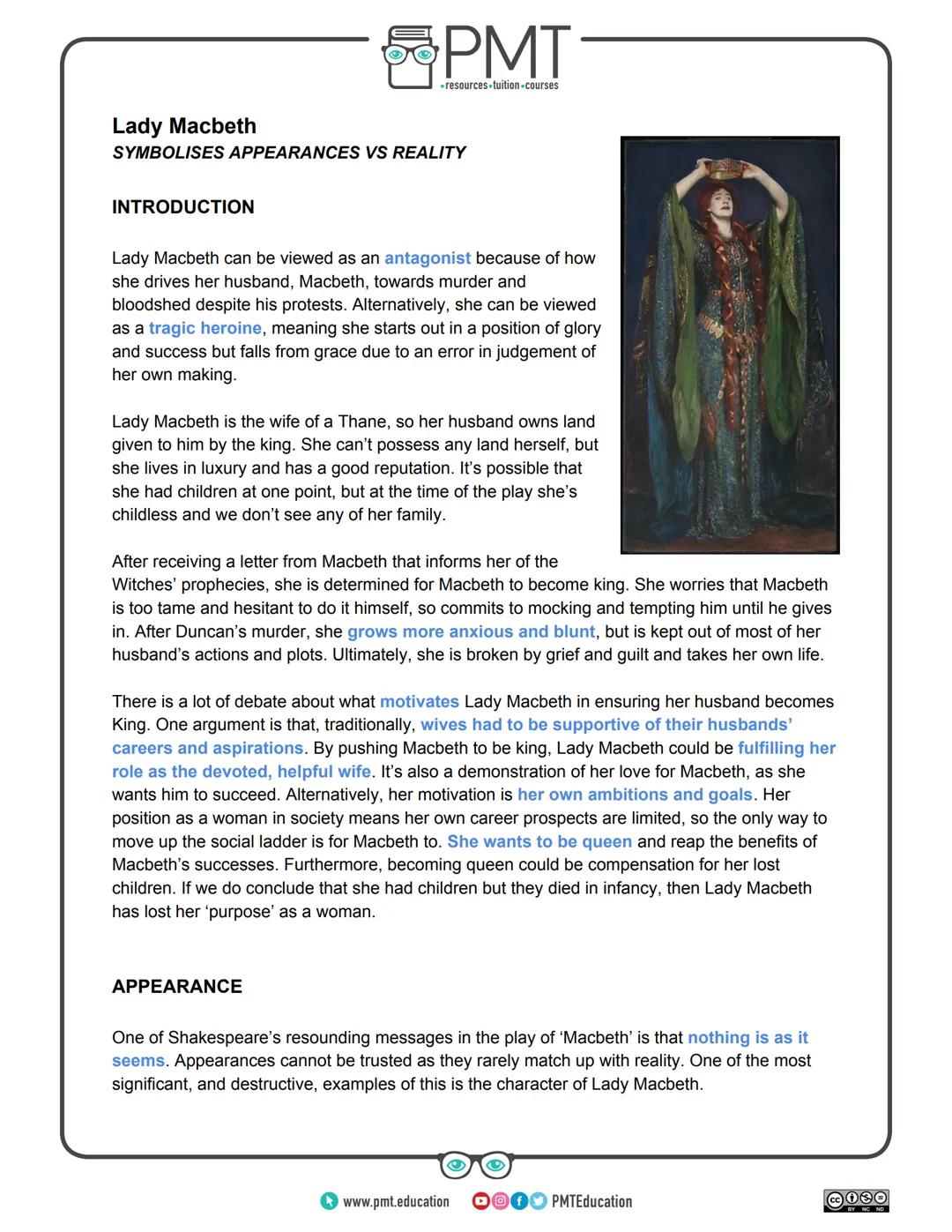 PMT
-resources-tuition-courses
# Edexcel English Literature GCSE
## Macbeth: Character Profile
### Lady Macbeth
Images: www.commons.wikime