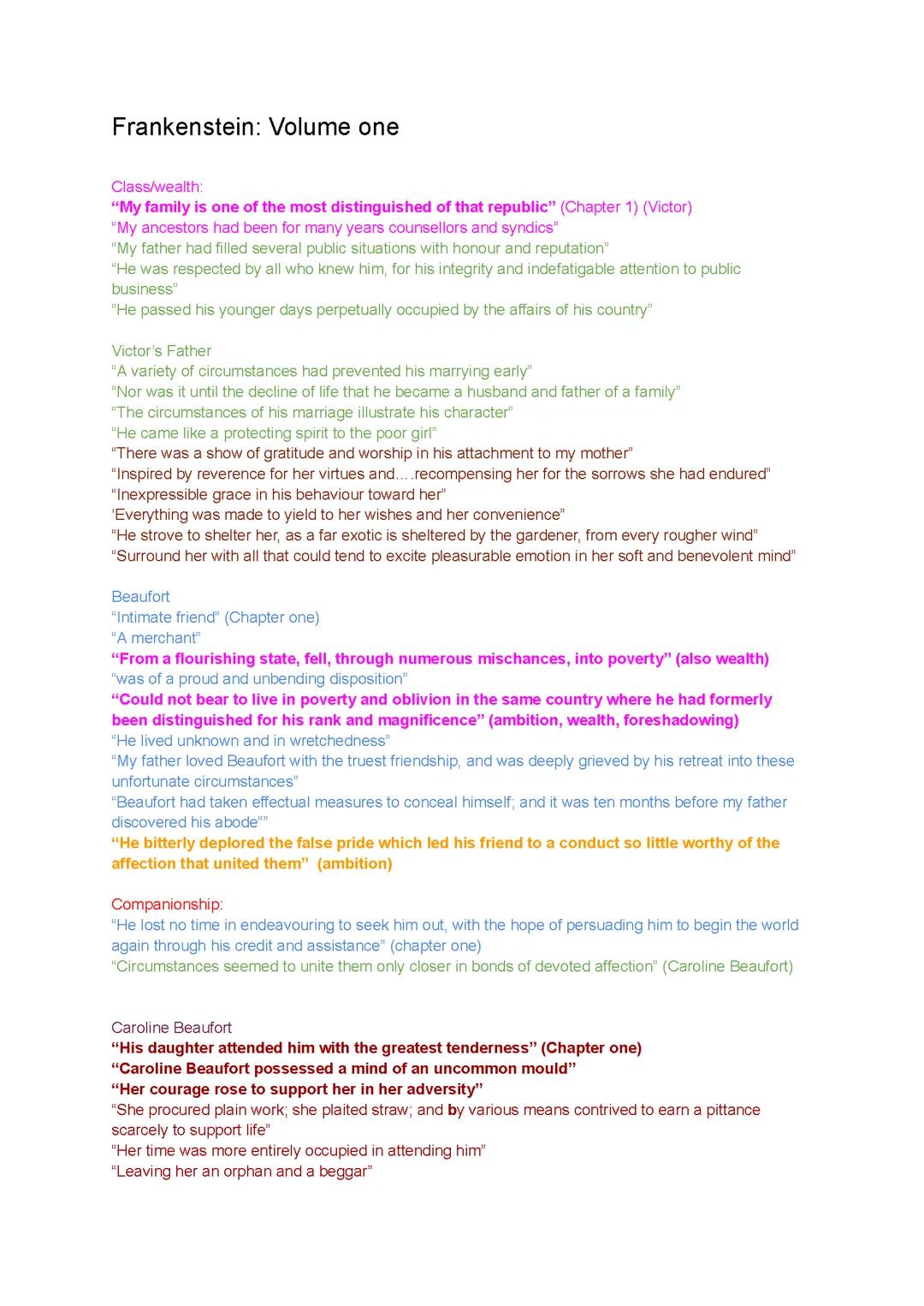 Volume one Frankenstein quotations by theme