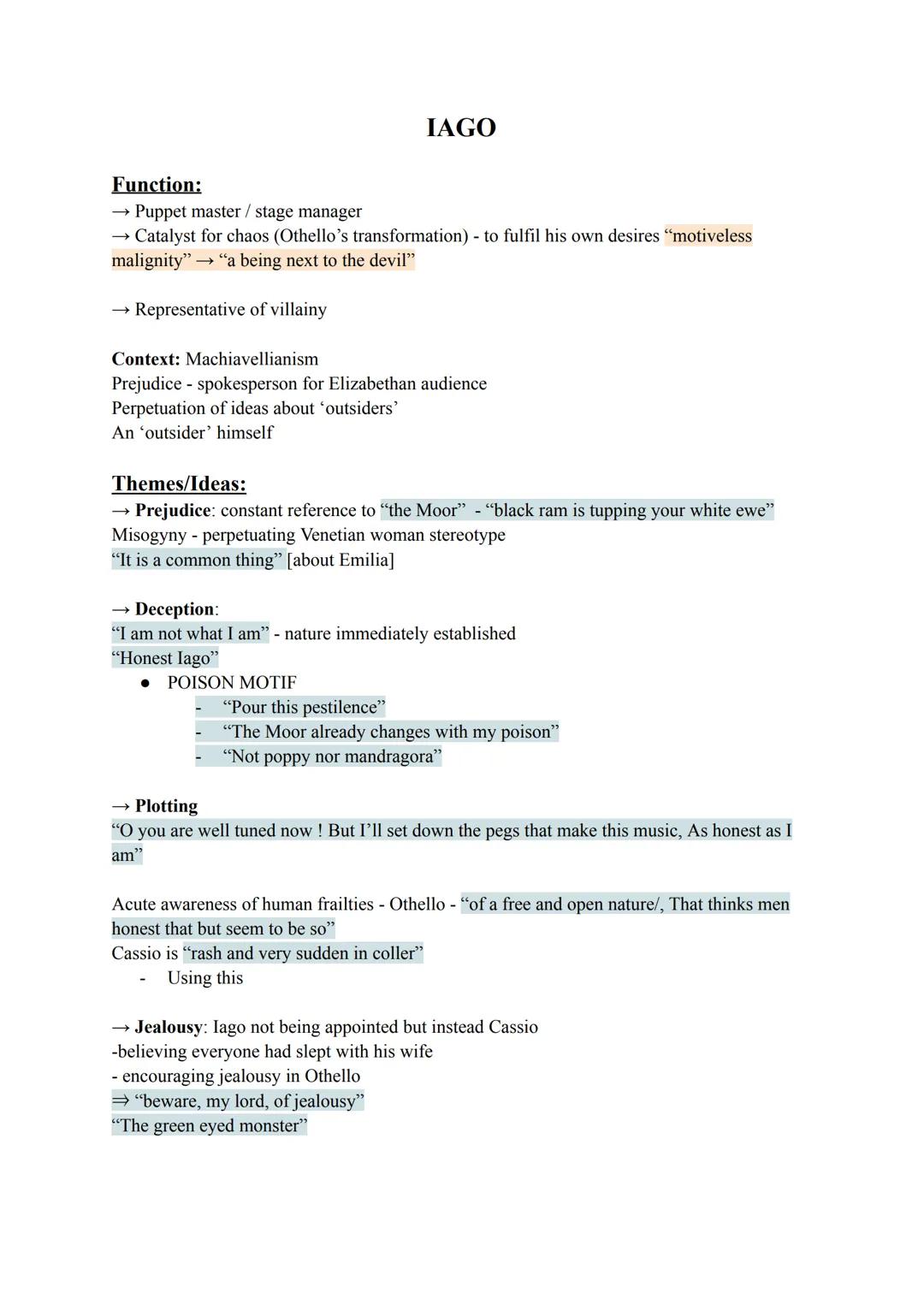 --- OCR Start ---
IAGO
Function:
โ Puppet master / stage manager
Catalyst for chaos (Othello's transformation) - to fulfil his own desires "