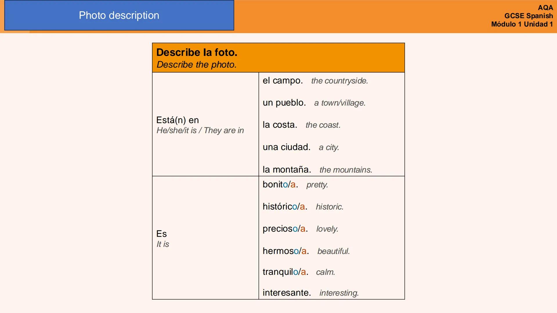 # Photo description
# Describe la foto.
Describe the photo.
En la foto
In the photo
A la izquierda/derecha
To the left/right
En el centr