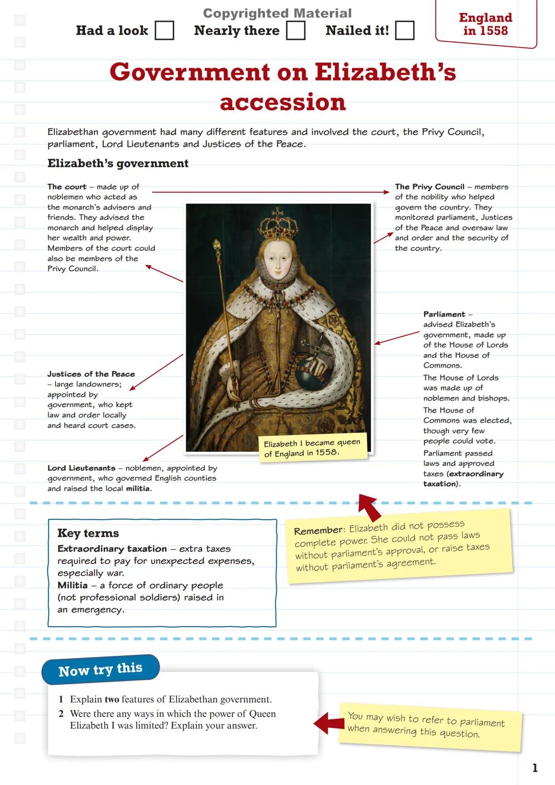 # Pearson
# Revise
Copyrighted Material
# Pearson Edexcel GCSE (9-1)
## History
Early Elizabethan England,
1558-88
# Revision Guide & Workbo