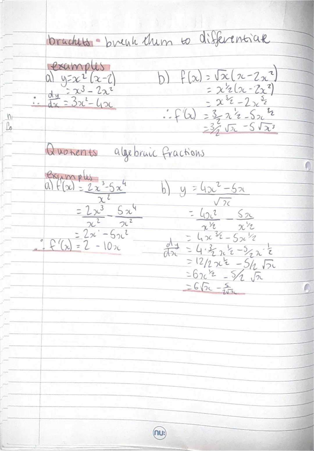 Chill differentiation-L
from N5 we learned the rules of indices.
Rule 1:
$x^a \times x^b = x^{a+b}$
Rule 2:
$x^a \div x^b = x^{a-b}$
Rule 3: