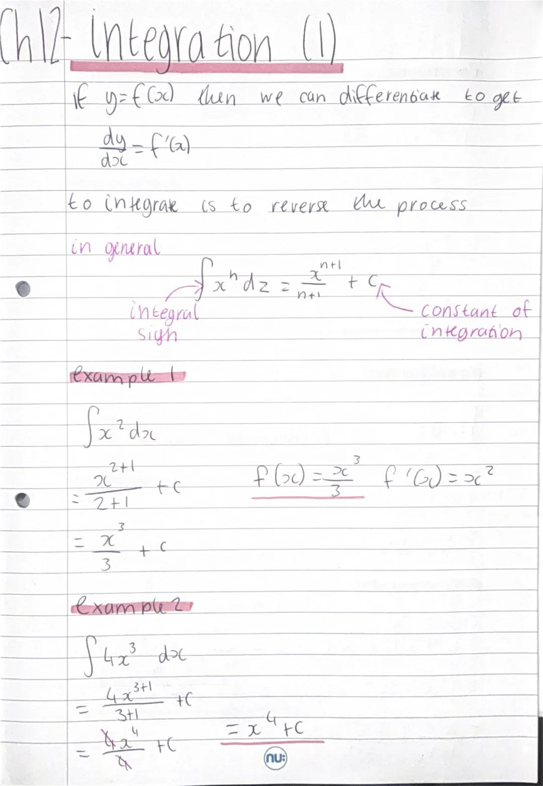# Ch12 - Integration (1)
if $y = f(x)$ then we can differentiate to get
$\frac{dy}{dx} = f'(x)$
to integrate is to reverse the process
in g