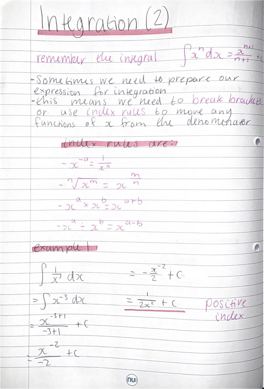 # Ch12 - Integration (1)
if $y = f(x)$ then we can differentiate to get
$\frac{dy}{dx} = f'(x)$
to integrate is to reverse the process
in g