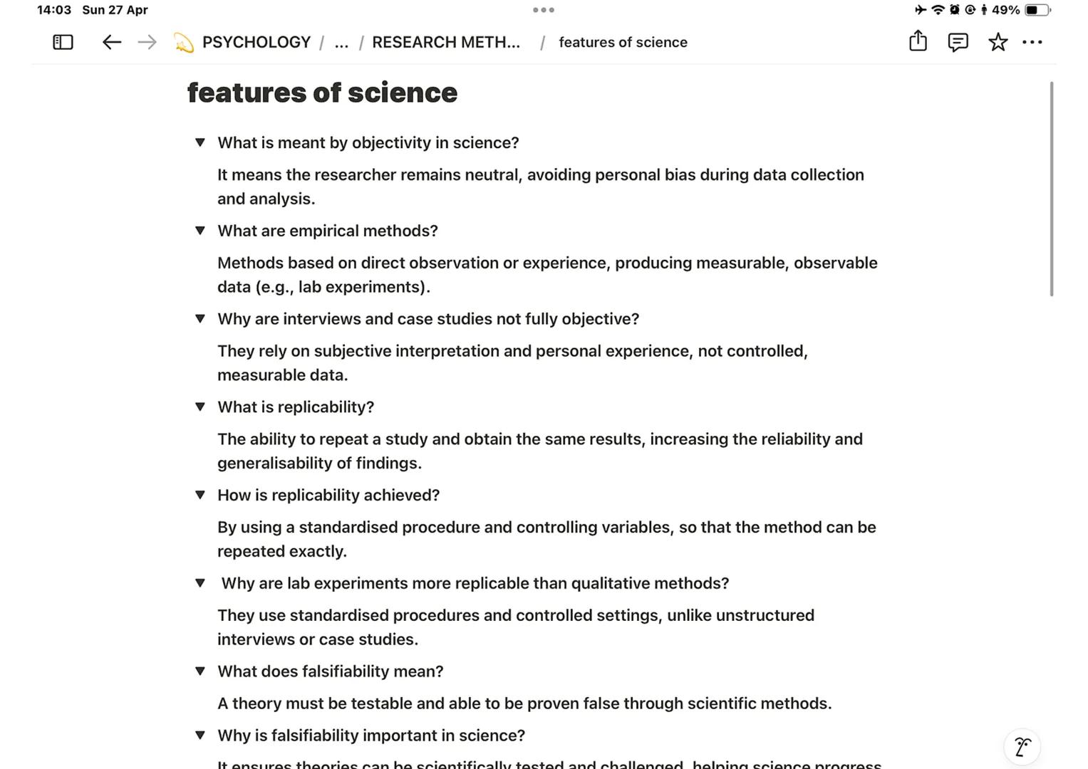 # 14:03 Sun 27 Apr 49%
PSYCHOLOGY / ... / RESEARCH METH... / features of science
# features of science
- What is mea