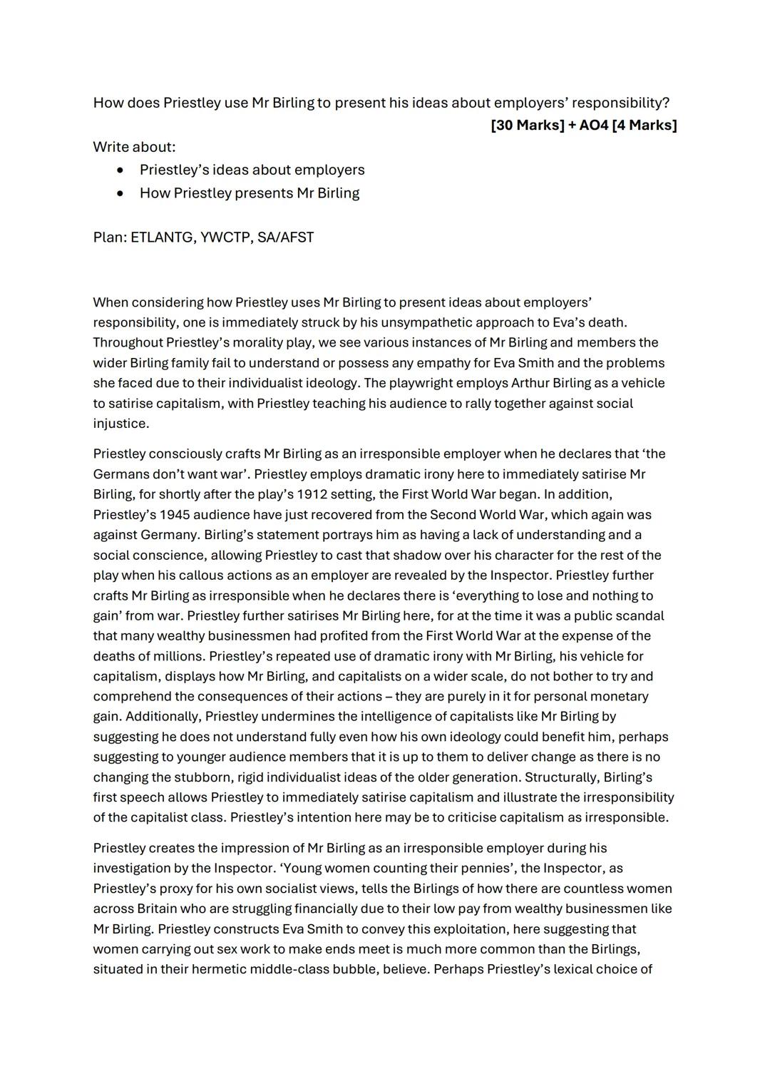 Grade 9 Mr Birling An Inspector Calls Responsibility Essay