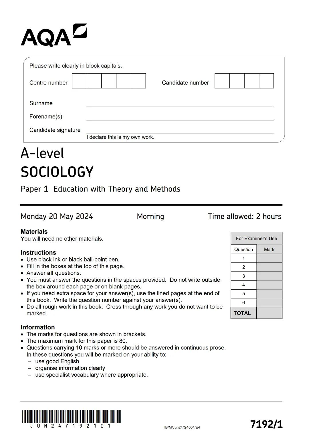 Paper 1 2024 A-level sociology