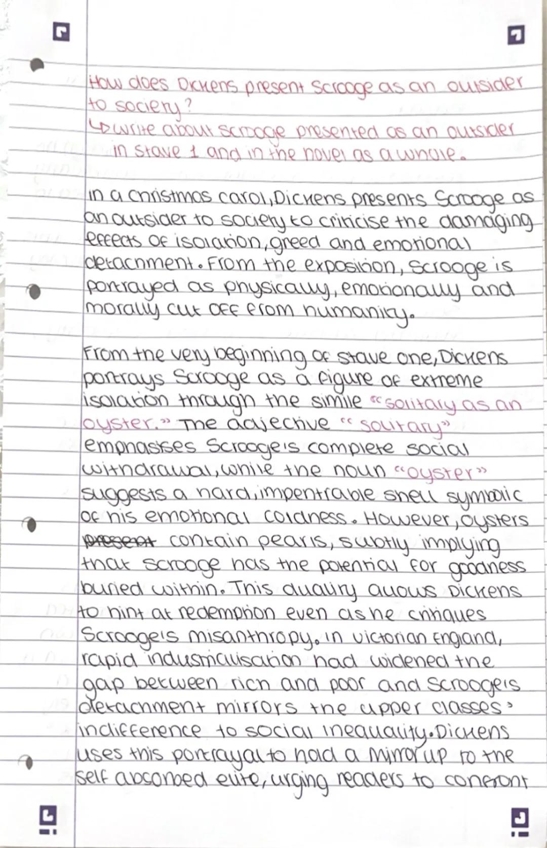 How does Dickens present Scrooge as an outsider
to sociery?
Lowrite about scrooge presented as an outsider
in stave 1 and in the novel as a
