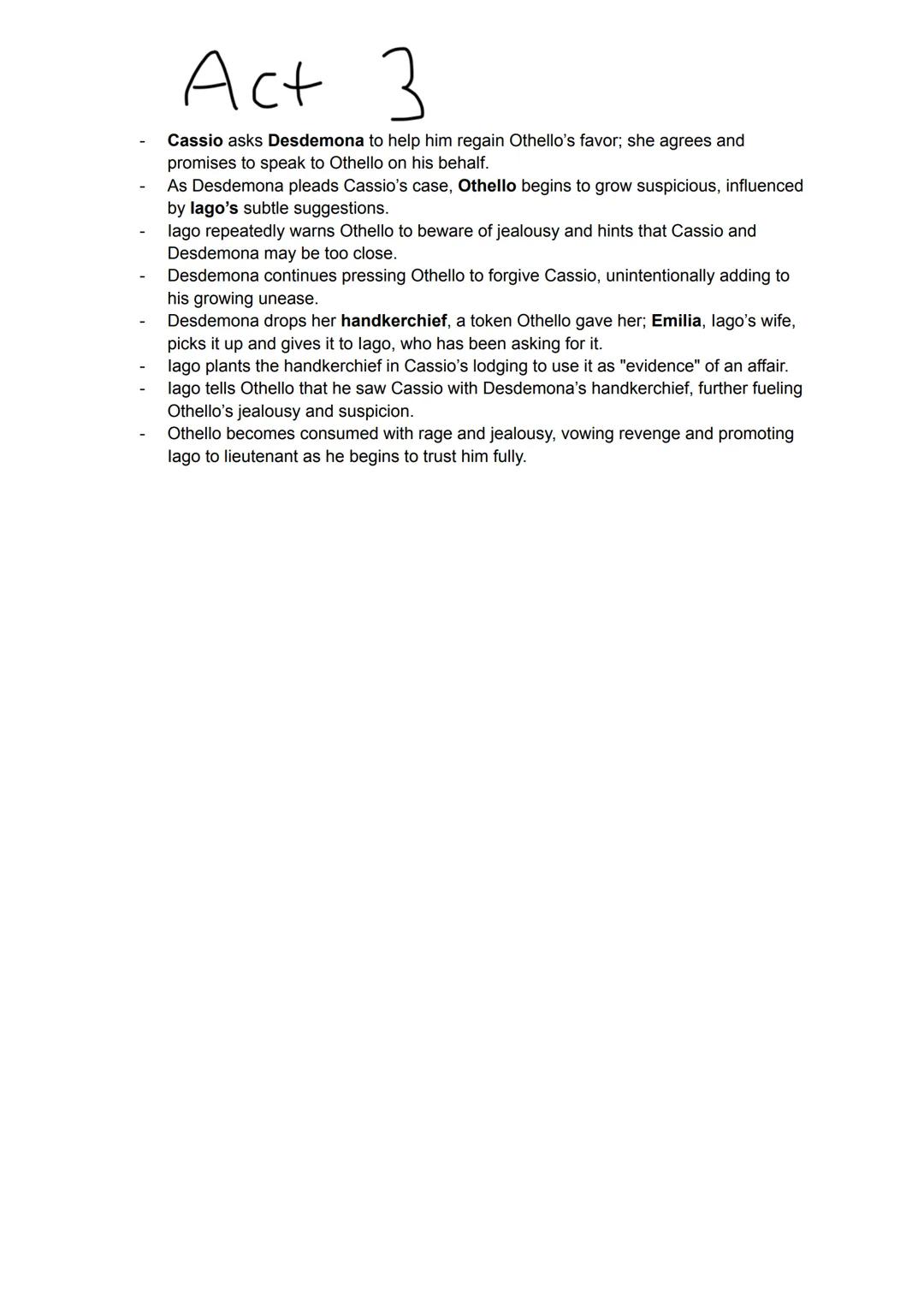 ACT 1
- Roderigo is upset that Desdemona has secretly married Othello, a Moorish general.
- Iago reveals his hatred for Othello, partly beca