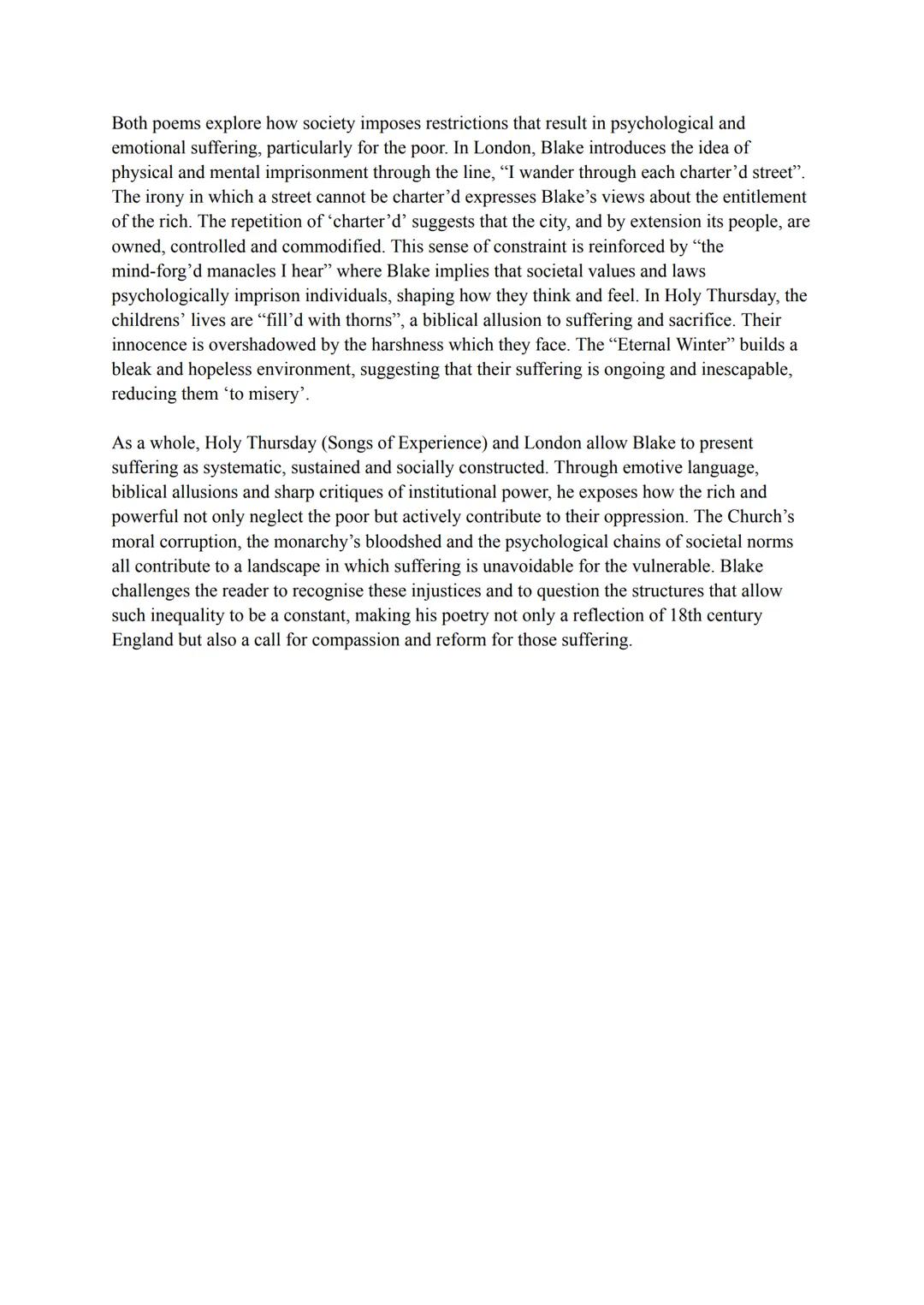 Explore the ways in which suffering is presented in Songs Of Experience: London by William
Blake and in one other poem. You must relate your