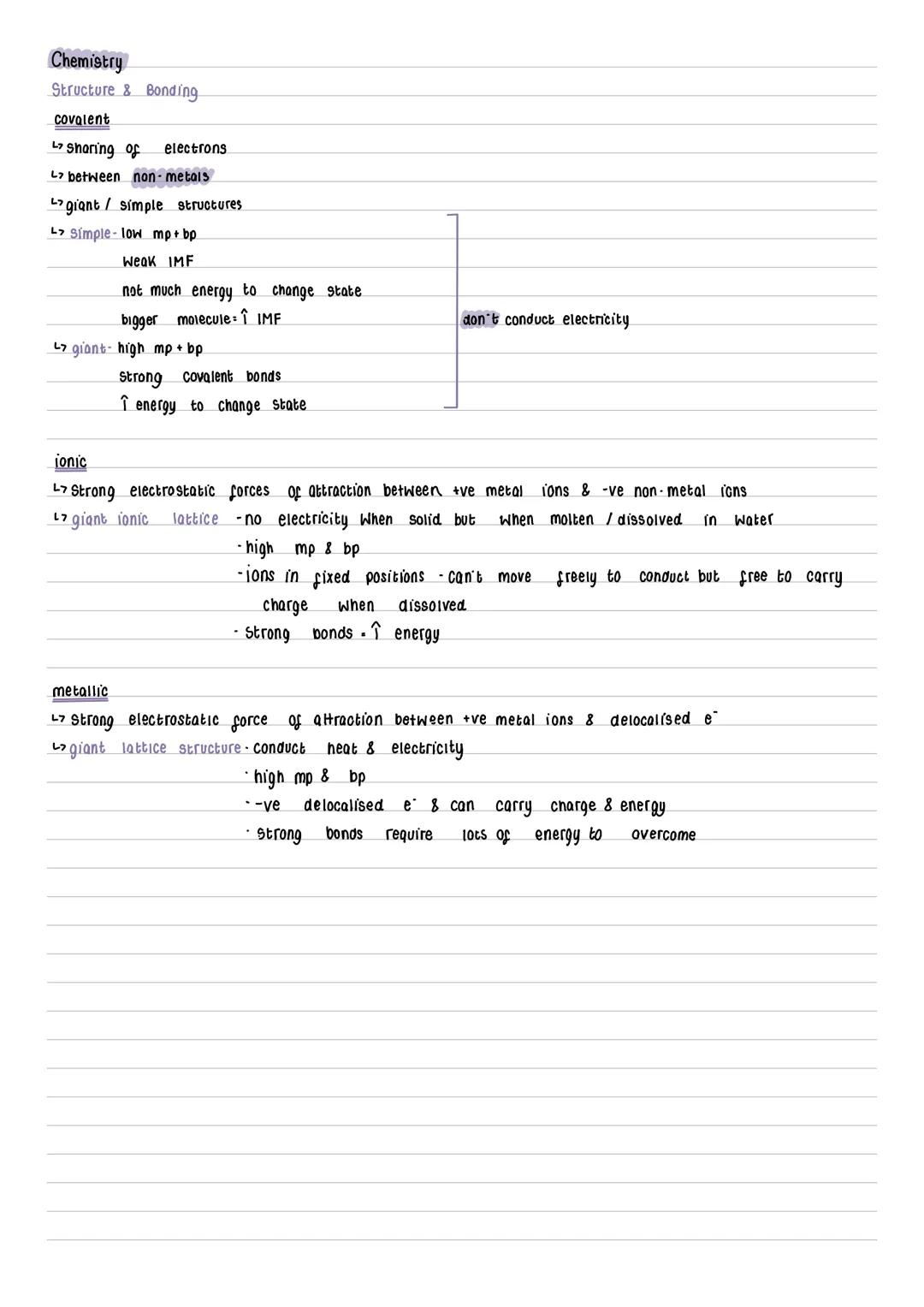 Chemistry
Structure & Bonding
covalent
> sharing of electrons
> between non-metals
> giant / simple structures
> simple - low mp + bp
Weak I